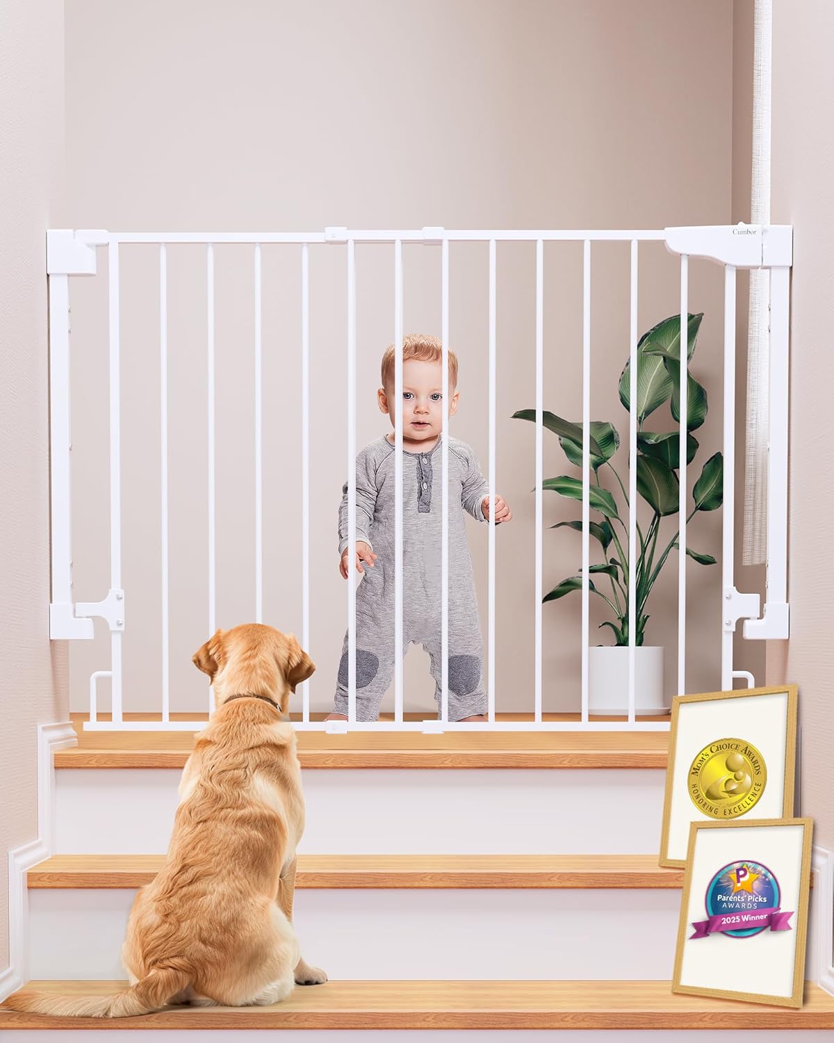 Cumbor 29.2–43" Baby Gate for Stairs, Wall-Mounted (Drill Required), Expandable No Bottom Bar Dog Gate, Auto Close Extra Wide Walk Thru, Pet & Toddler Proof Gate, Top & Bottom of Stairways (White) White 29.2-43" W, 28" H