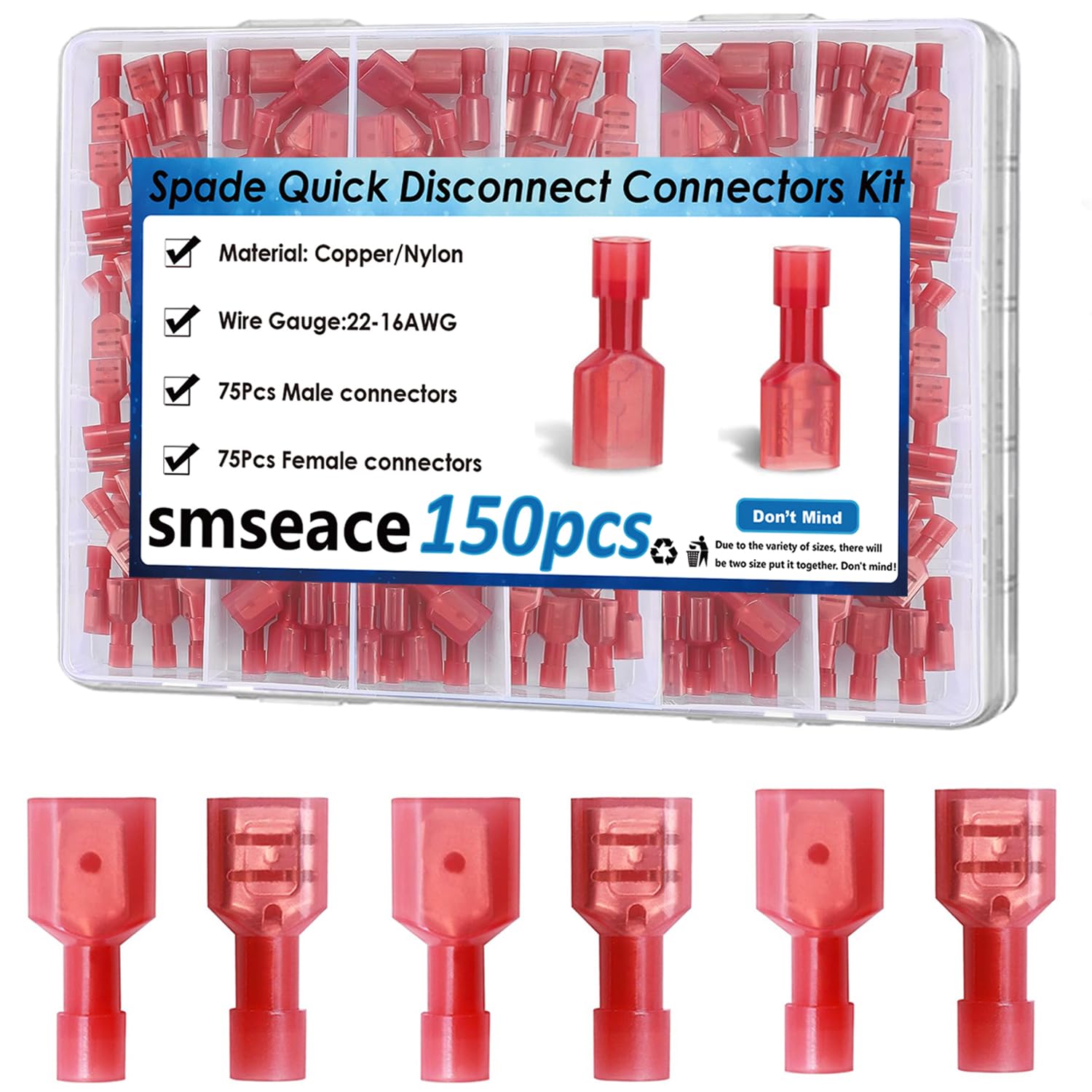 smseace 150 szt. żeńskie i męskie czerwone złącza szybkiego drutu w pełni izolowane nylonowe łopatki odłączenie zaciskanie F&M1.25-250-R-150