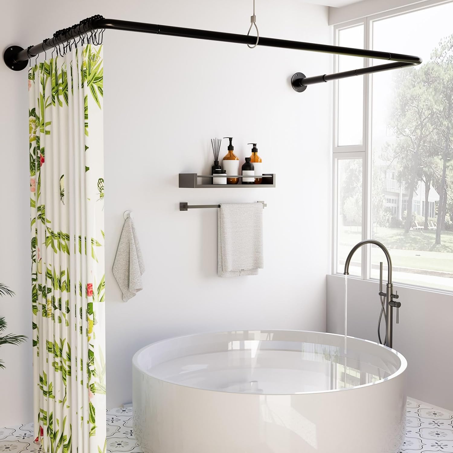 U Shaped Shower Curtain Rod, [Both Sides: 23"-52", Middle: 31"-46.5"] Adjustable U Shape Shower Rod Black Outdoor Corner Curtain Pole for Bathroom Bathtub with Ceiling Support & 12 Hooks
