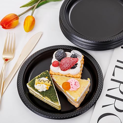 Miniatura 2 de WELLIFE Platos de postre negros de 7 pulgadas, 150 unidades, platos de postre de plástico desechables para fiestas, pasteles, ensaladas, picnic,