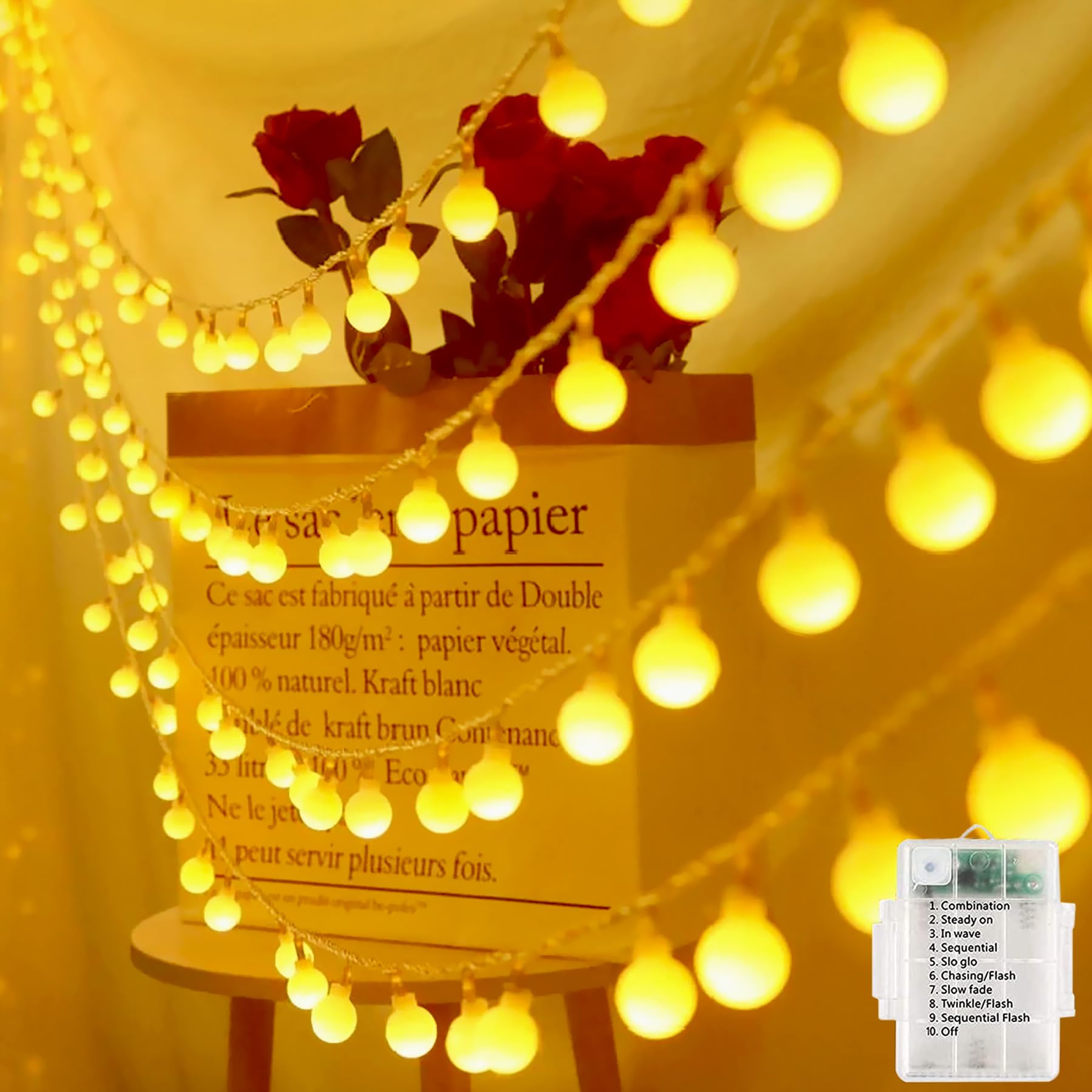 Laihur Fairy Lights Battery, 4M 40 LED Globe String Lights with 8 Lighting Modes, Fairy Light Battery for Indoor/Outdoor, Bedroom, Christmas, Halloween (Warm White)