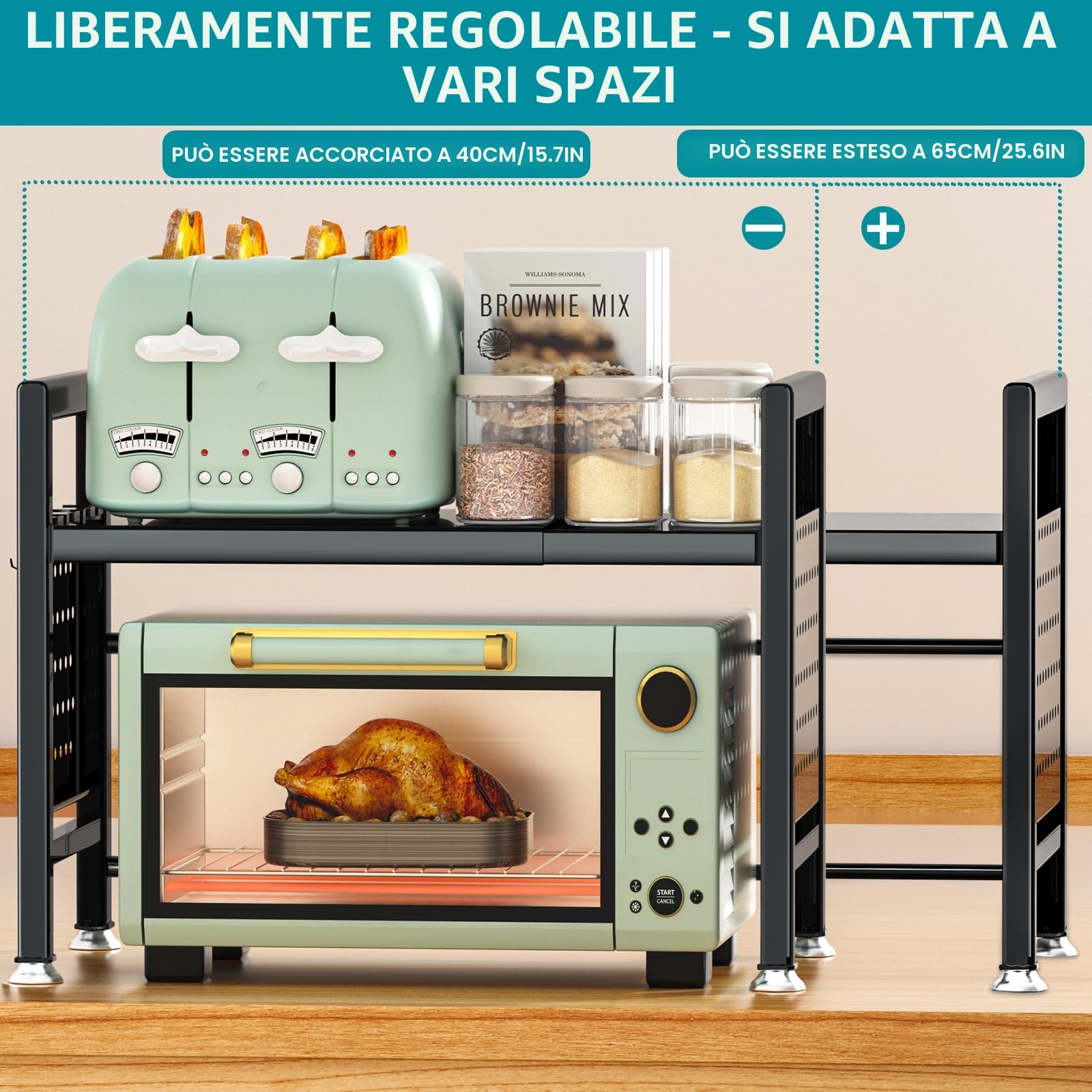 Mensola Microonde Estensibile, Regolabile Due Livelli Microonde Scaffale 40-65cm, Mensola Microonde Salvaspazio, Supporto Microonde con Rastrelliera per Tagliere, 6 Ganci, Istruzioni (Nero)
