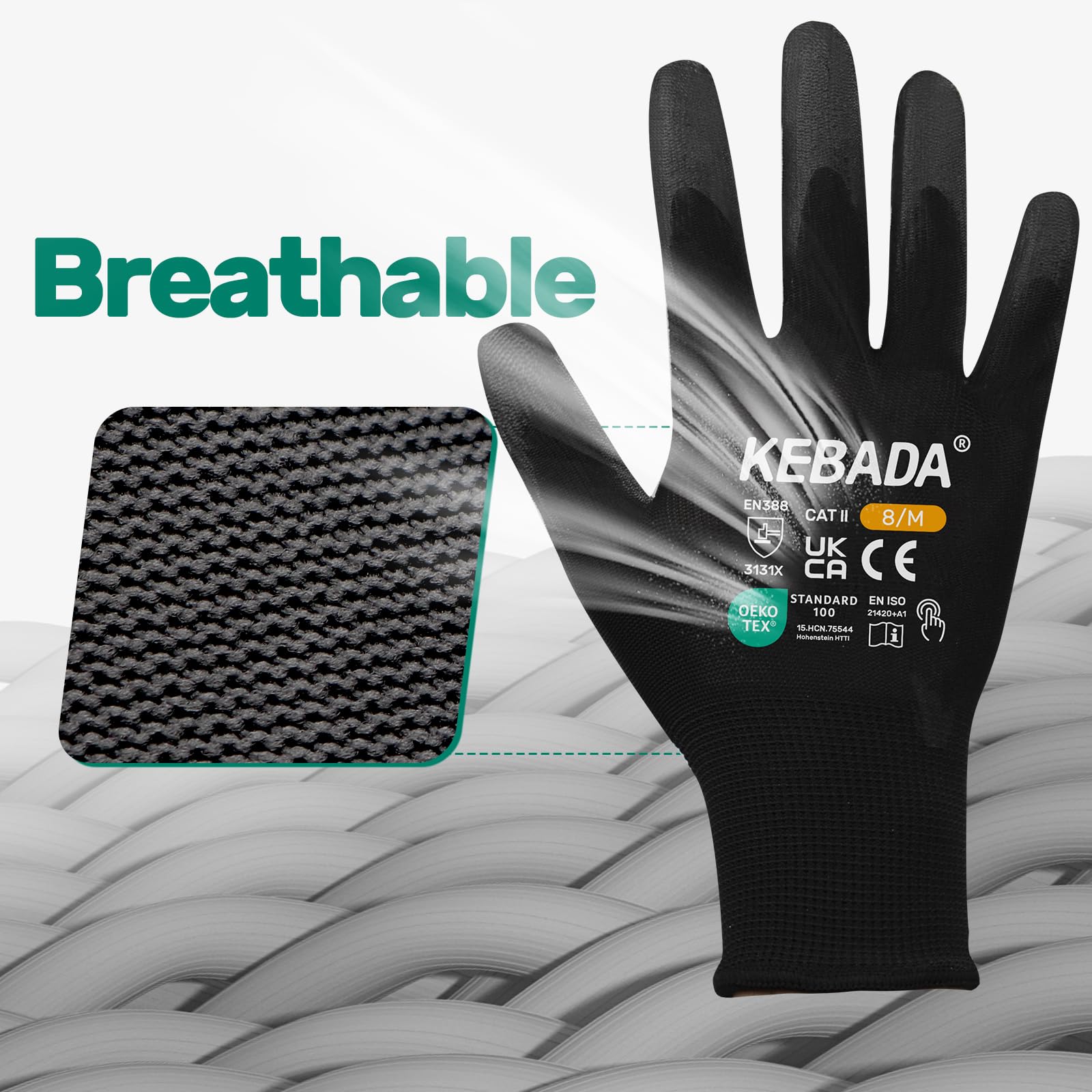Kebada guantes de trabajo hombre y mujer táctiles, PU, W1, pack de 50 pares | Negro, talla 7/S, palmas de PU, tejido transpirable, agarre antideslizante para jardinería, mecánica y almacén