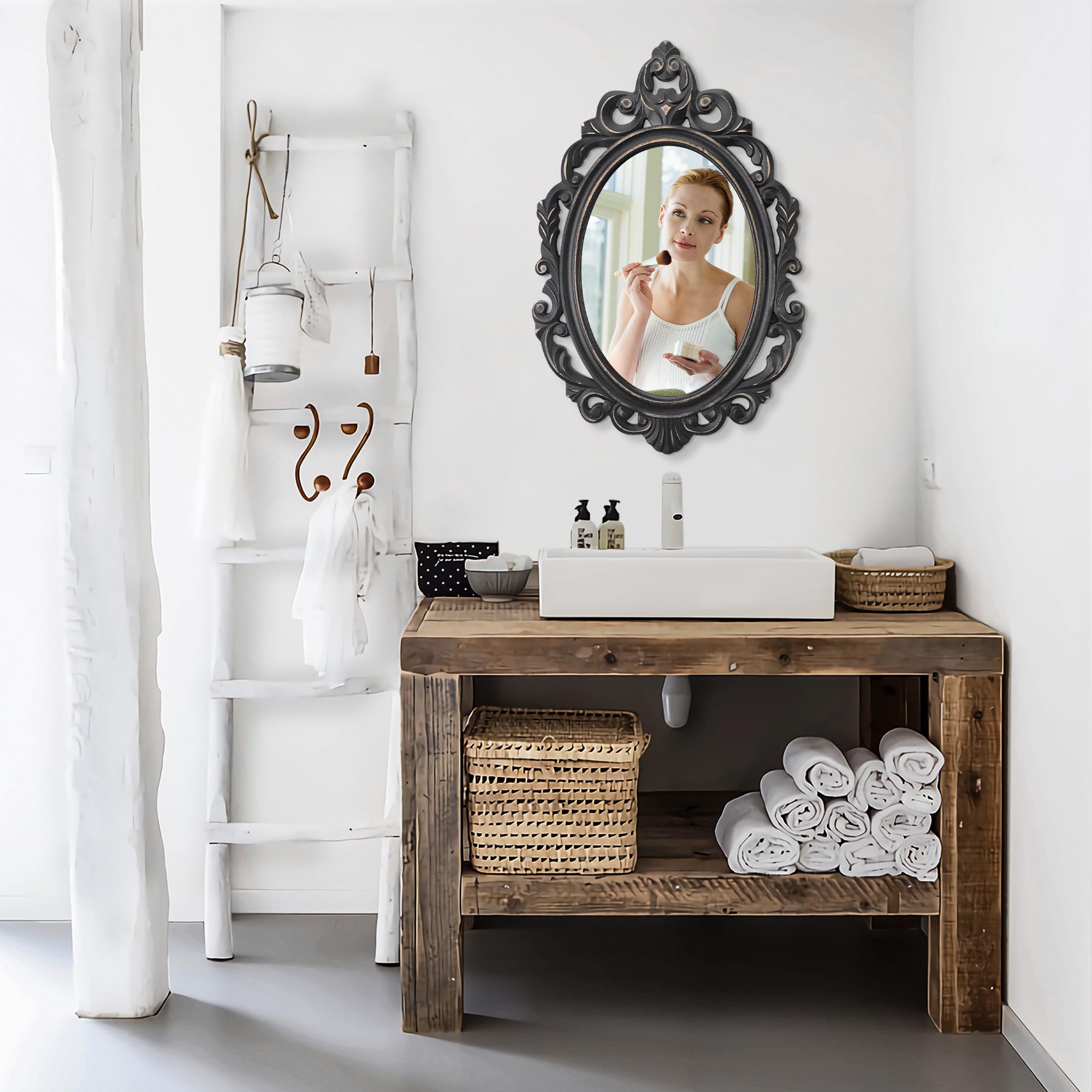 Amazon.co.jp: ブラック 楕円形 木製フレーム ビンテージ 壁ミラー