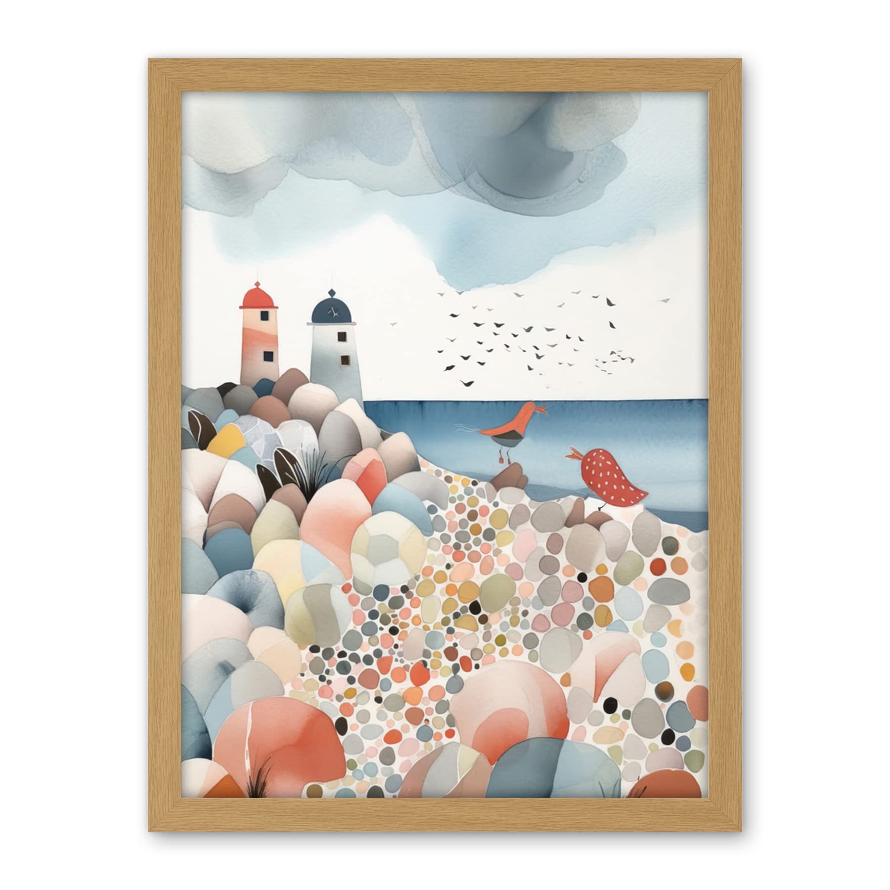 Artery8 Lighthouses On Multicoloured Pebble Beach Watercolour Painting Artwork Framed Wall Art Print 18X24 Inch