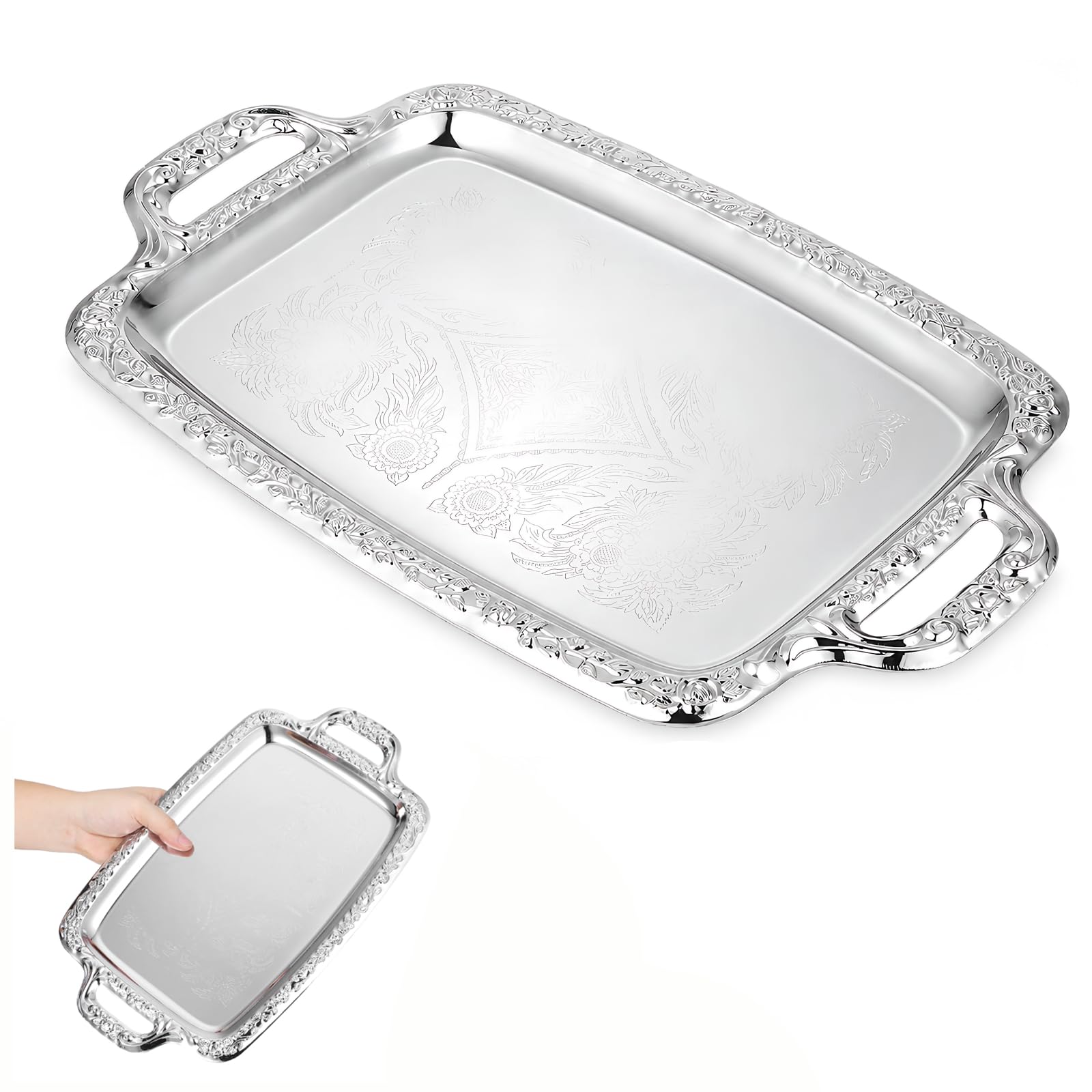 PartyKindom Serving Dishes with Handles โ 15 Inch Silver Tray for Coffee Table, Large Metal Rectangle Platter for Party Food Breakfast Tea Farmhouse Home Decor