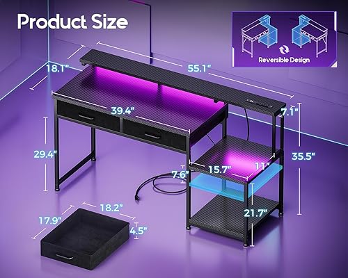 Miniatura 3 de ODK - Escritorio para juegos con luces LED y toma de corriente, escritorio de 55 pulgadas con cajones, escritorio de oficina con estantes de