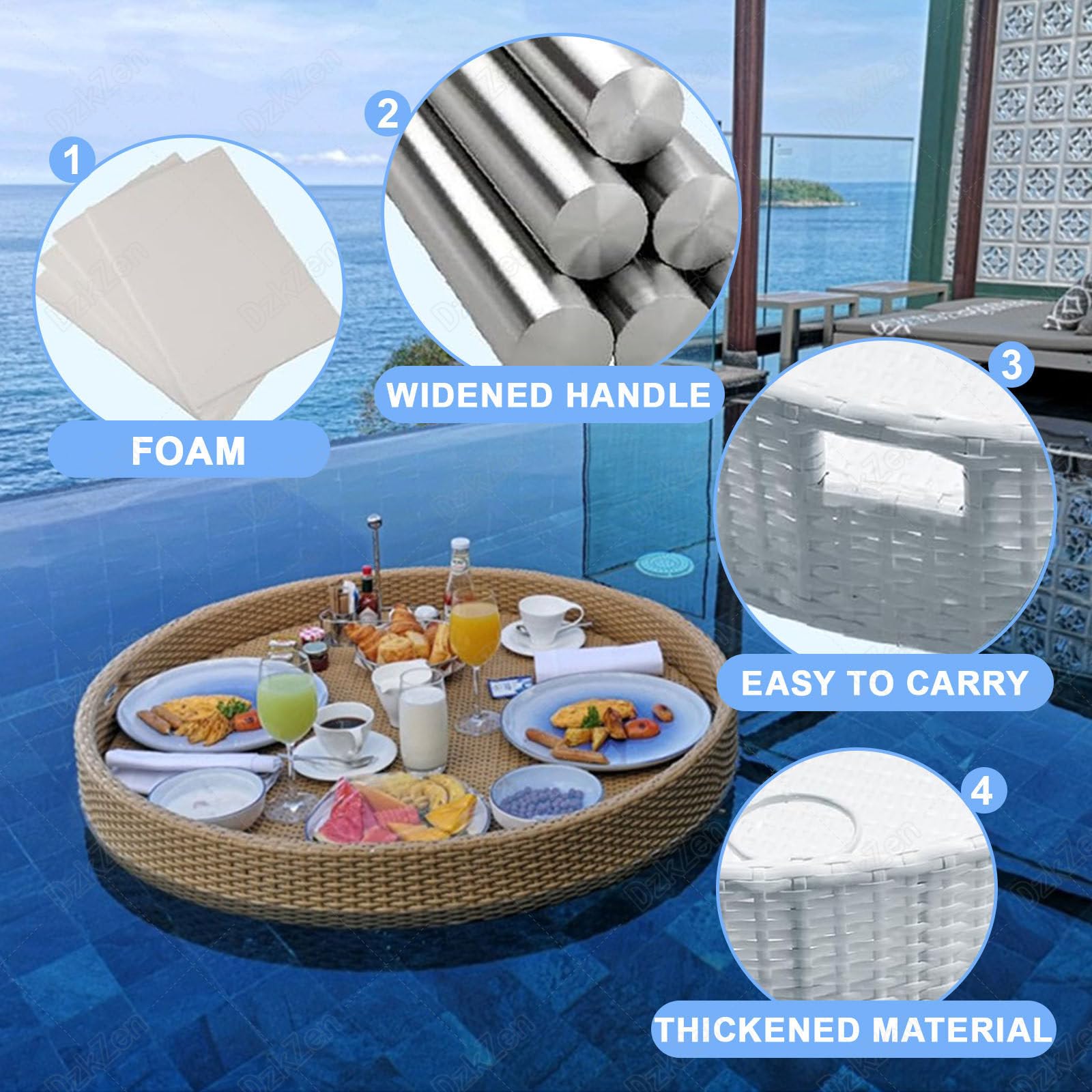 Bandeja redonda de ratán, diseño tejido con asas, ideal para desayunos, fiestas, spas, flotadores de piscina, 60 cm, decoración y uso práctico