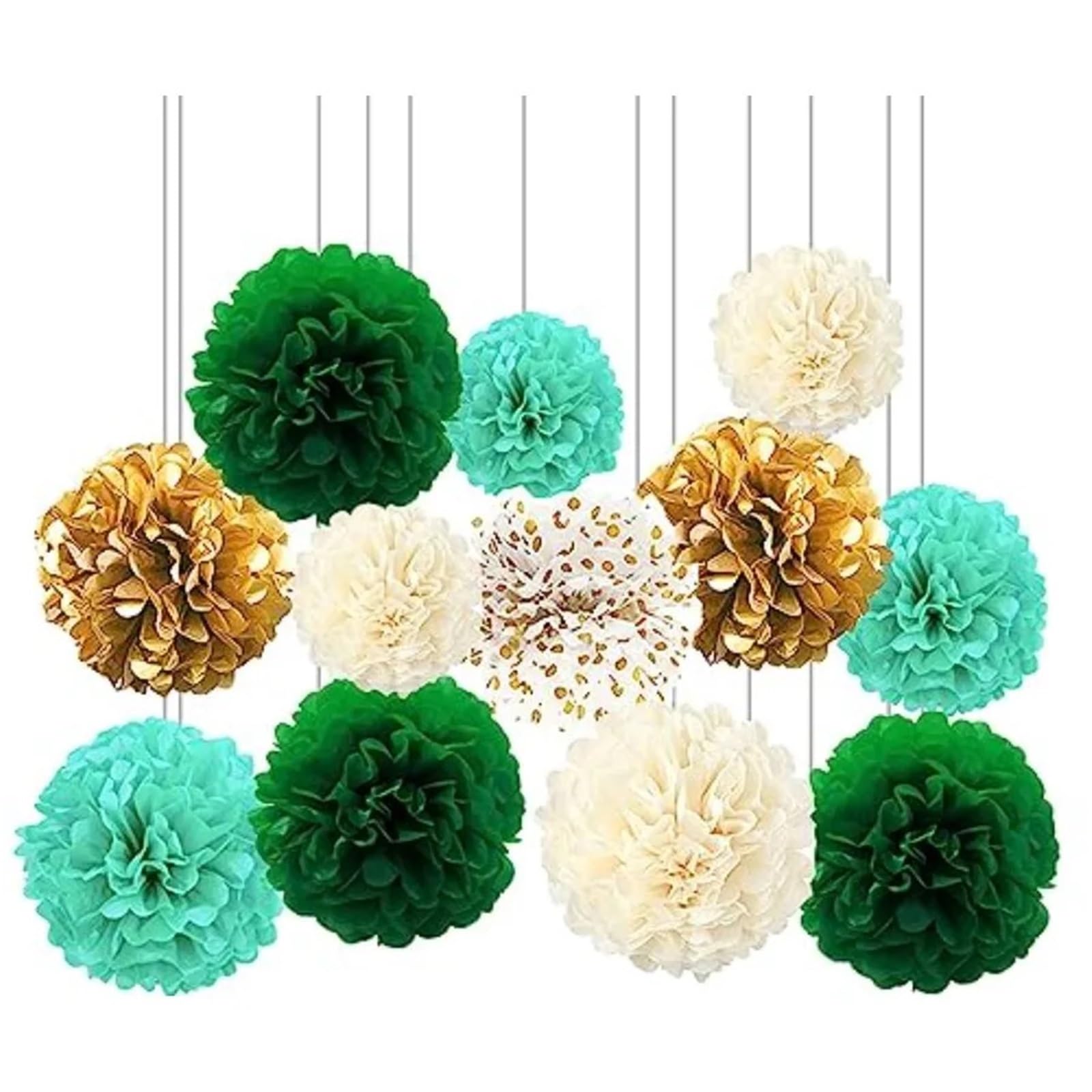 Pompones De Papel 12 Pompones De Papel De Seda for Colgar Bolas De Flores for Decoración De Fiesta De 10 Y 12 Pulgadas(GreenGold)