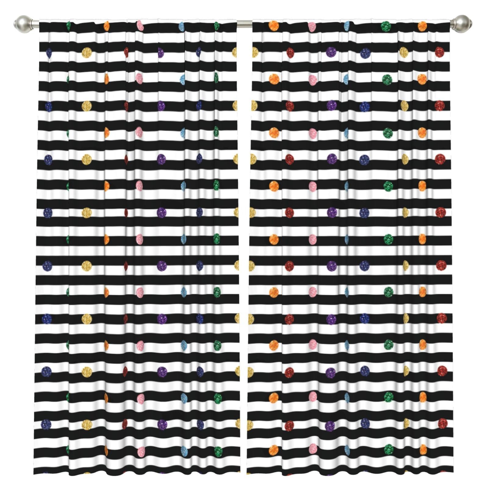 InOmak Rainbow Polka Dot Stripe Black And White Print, 2 Panels Window Curtains 52 x 84 Inch Blackout Curtains for Living Room Bedroom