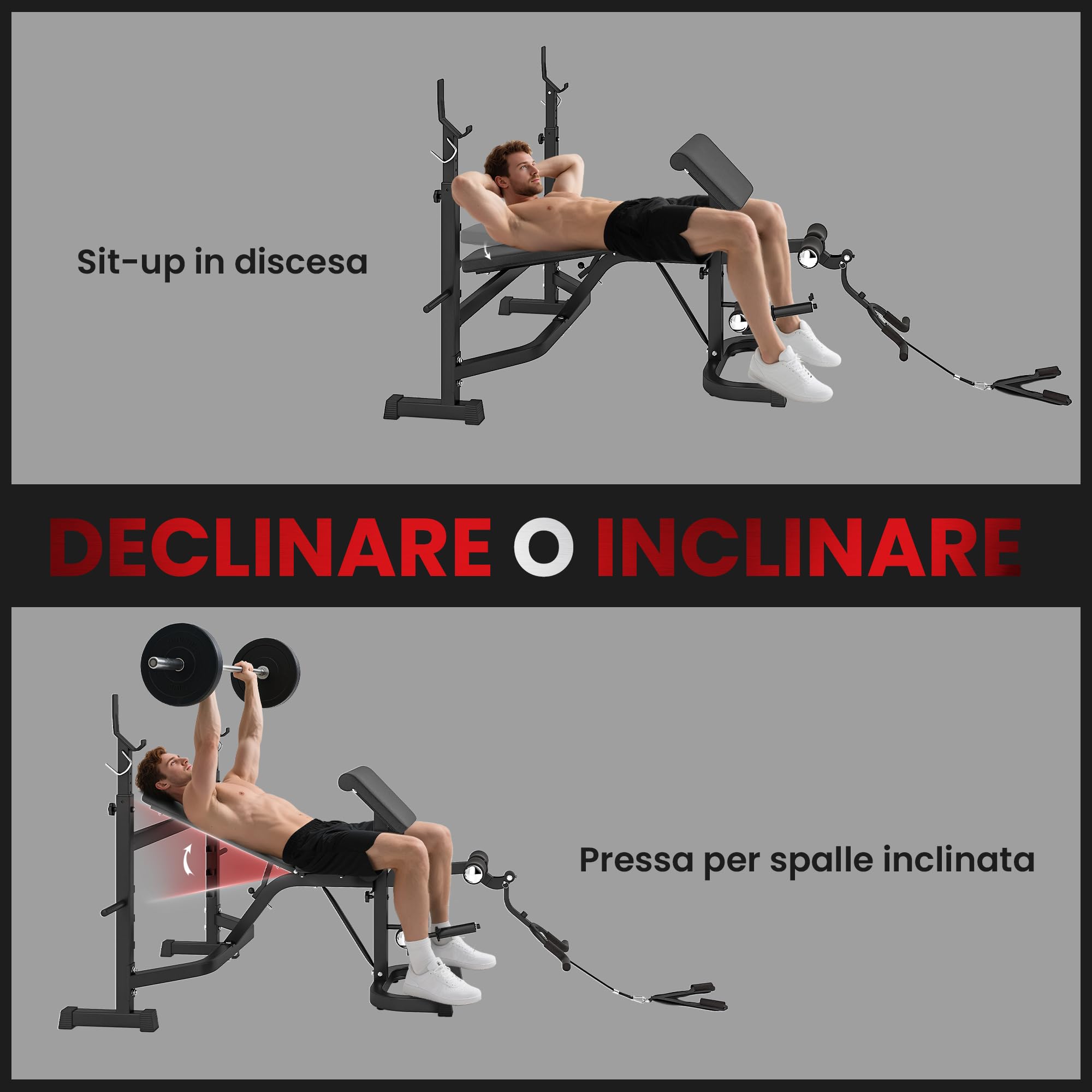 HOMCOM Panca Palestra Multifunzione Regolabile con Rack Bilanciere, Pad per Gomiti e Schienale, Panca Pesi Inclinabile Piana con Leg Extension, Low Row, Arm Curl, Addominali, Allenamento Palestra Casa