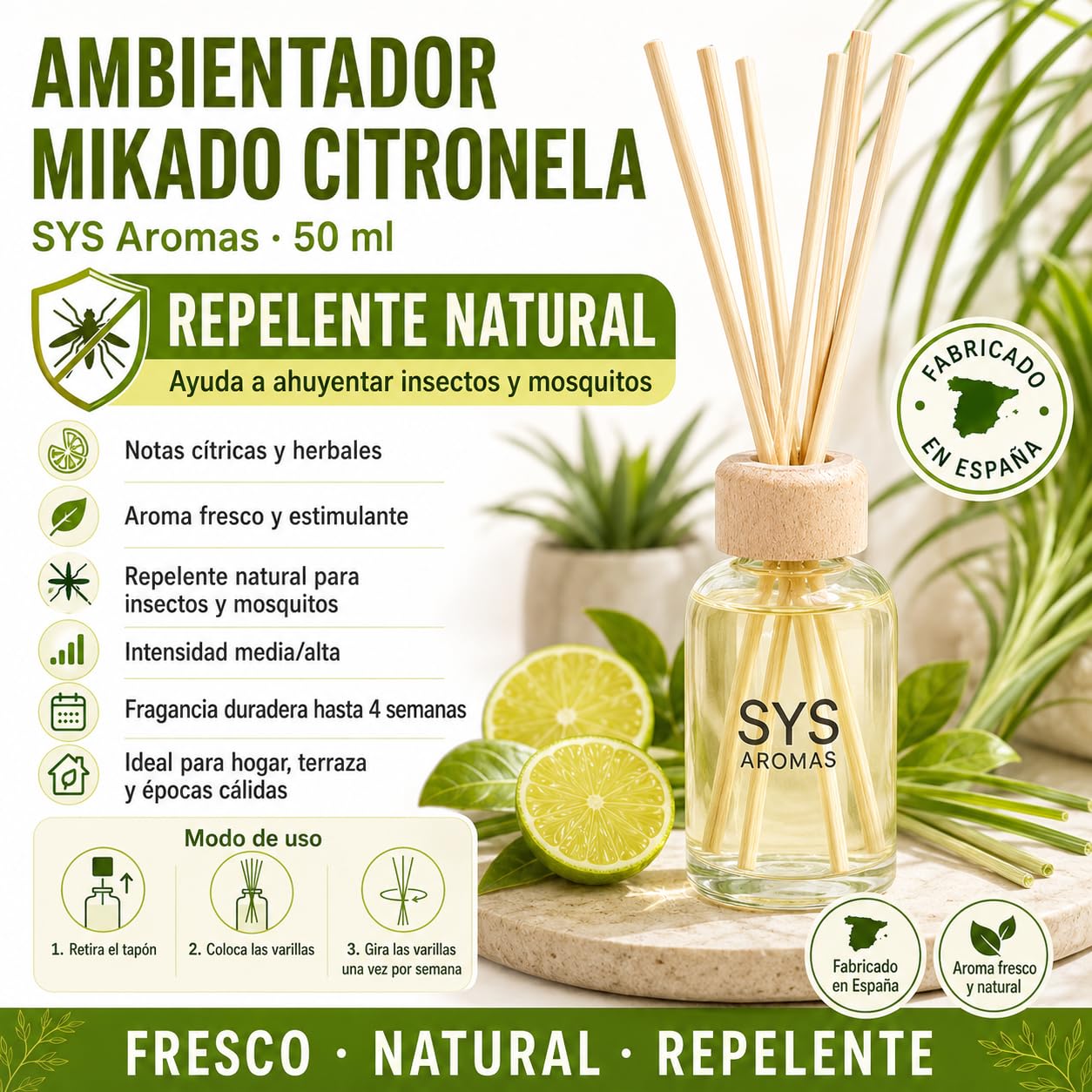 Ambientador Mikado Citronela 50ml SYS Aromas Antimosquitos Natural y Eficaz | Protege tu hogar de mosquitos e insectos con citronela natural, aroma fresco y duración hasta 4 semanas. Fabricado en España