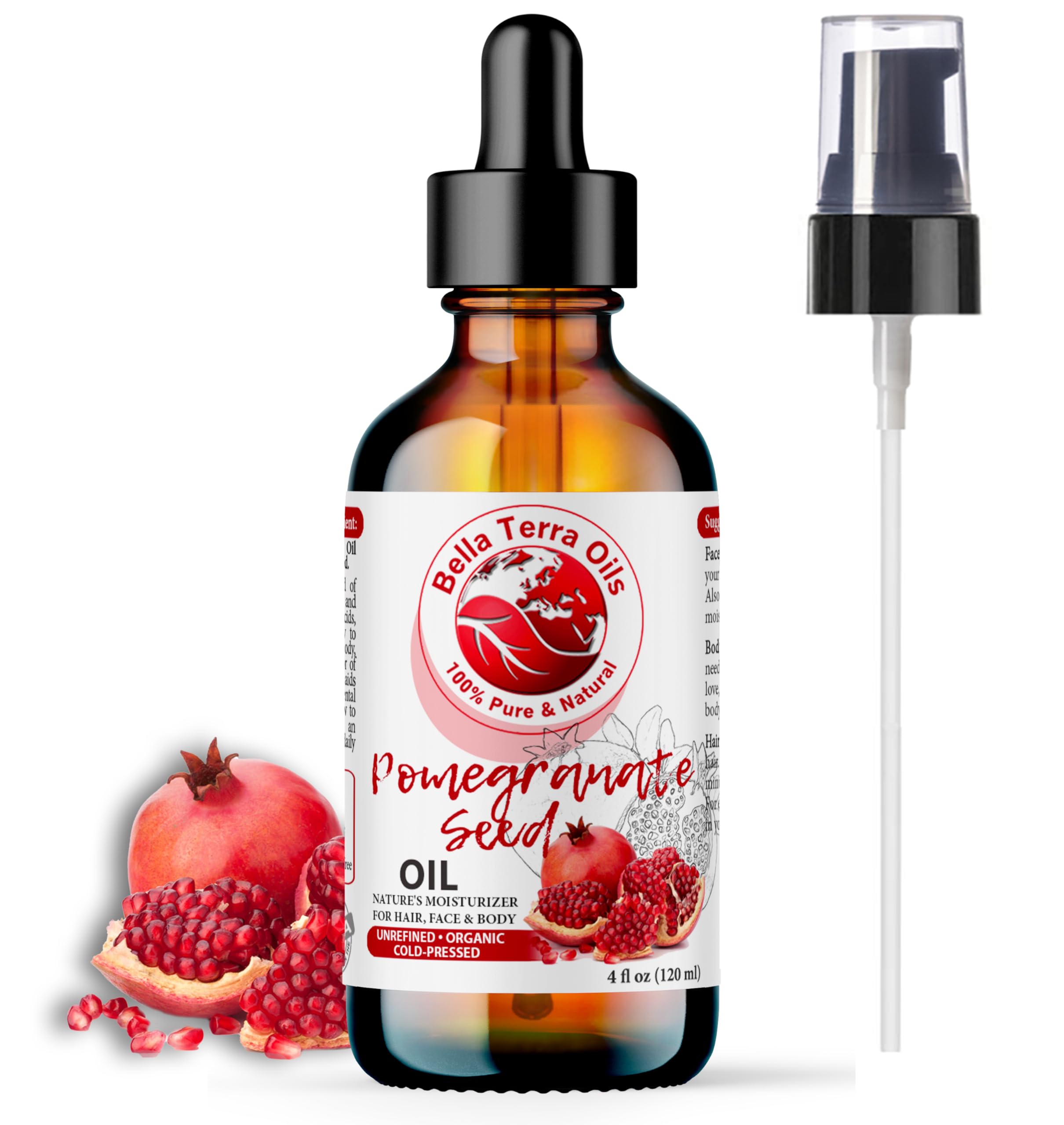 Bella Terra OilsOrganic Pomegranate Seed Oil 4oz - Basking in Phytosterols & Linoleic Acid, The Ultimate Blend for a Silken Touch & Healthy-Looking Glow