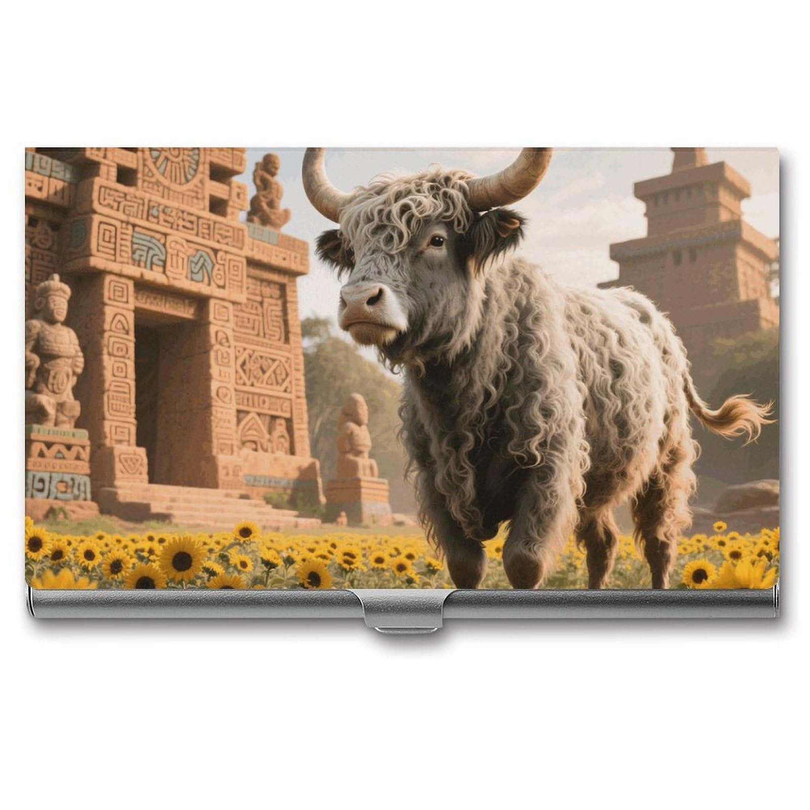 DWVTSLH Cow Sunflower Aztec Business Card Holder, Slim Portable Metal Business Card Case Pocket Wallet Professional Name Cards Holder for 22-30 Cards, Credit Card ID Case/Holder for Men Women