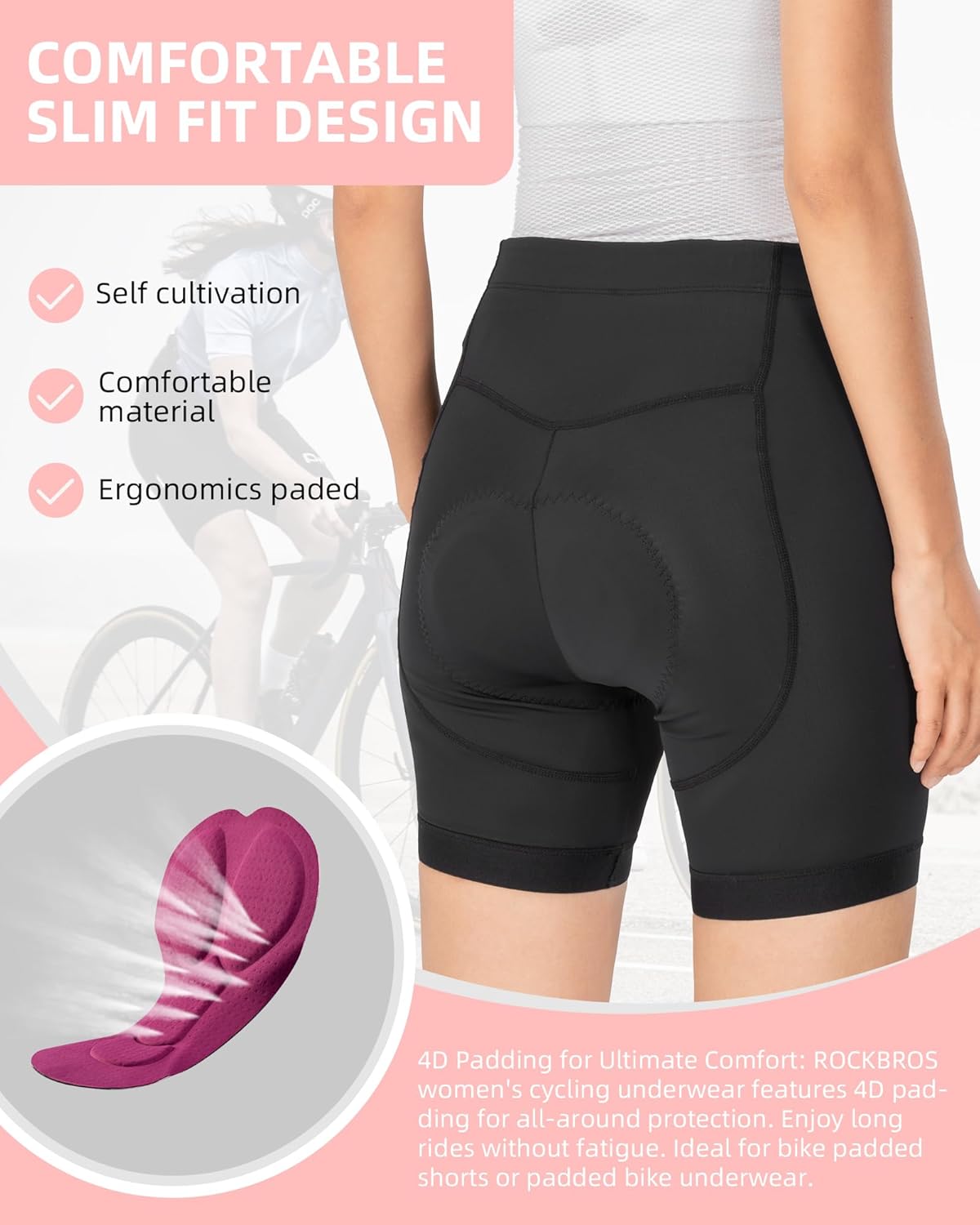 ROCKBROS Bike Shorts for Women Padded Bike Shorts Women's Cycling Shorts 4D Breathable Pad Mountain Road Bike Tights - Image 2
