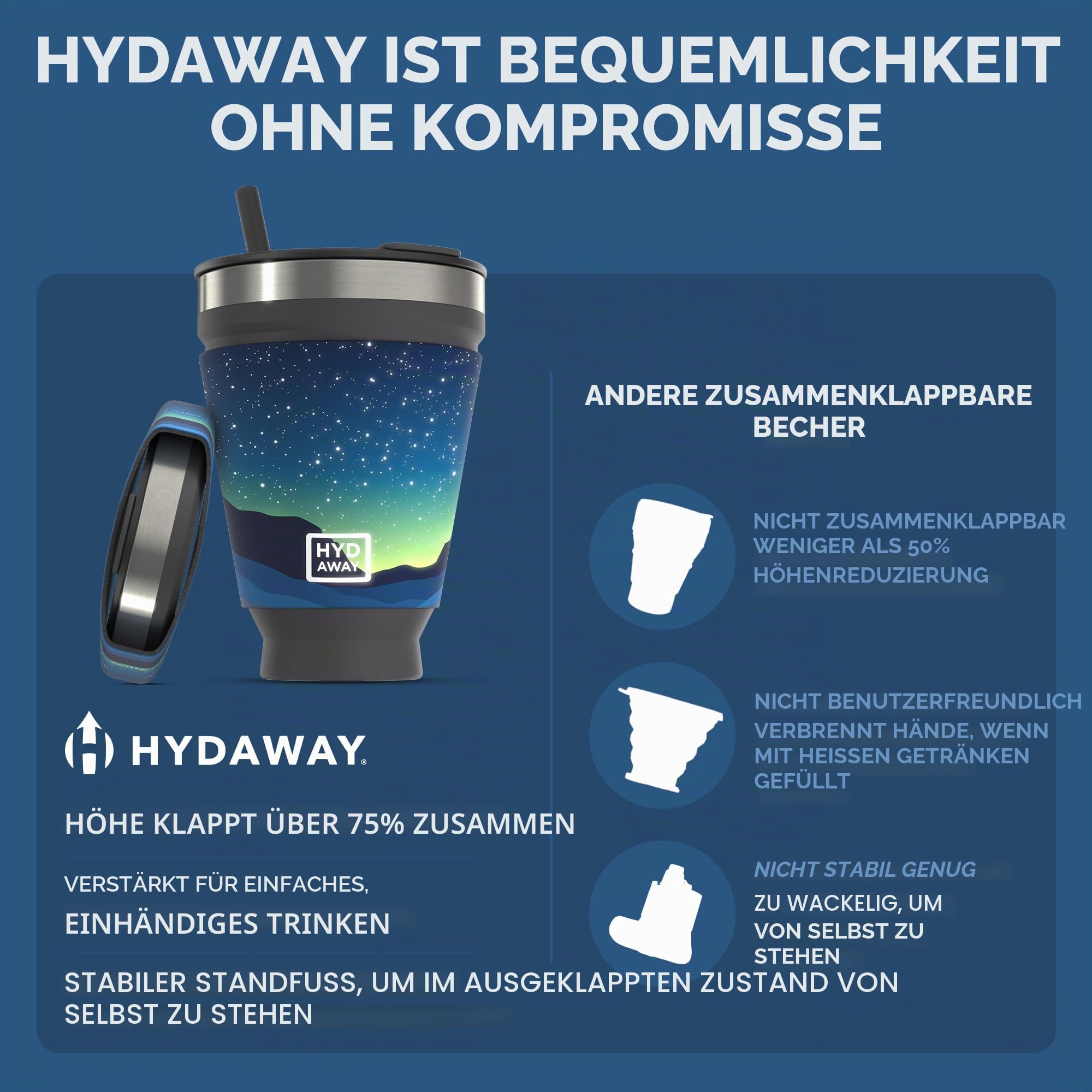 HYDAWAY Faltbarer Getränkebecher | Tragbare, Isolierte, Heiße und Kalte Getränketasse für Kaffee, Tee, Smoothies, Bier, Cocktails, Reisen, Pendeln, Camping, Veranstaltungen | 473ml Kapazität