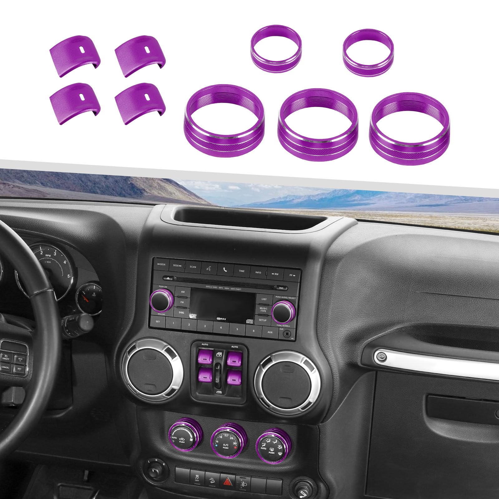 Jimen Fit for Jeep Wrangler JK JKU 2012-2018, 9PCS Center Console AC Air Conditioner Control Knob Trim & Radio Volume Knob Ring & Window Switch Button