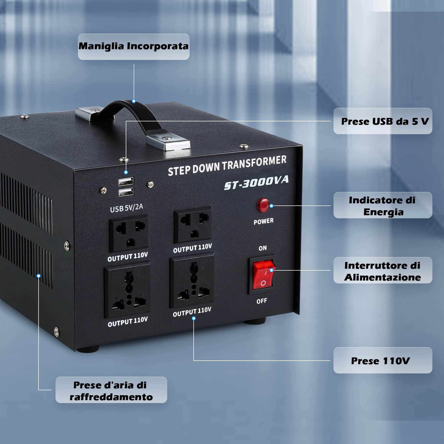 Convertitore Di Tensione CREWORKS 3000W - Trasformatore 220V A 110V / 110V A 220V Con Prese US E UE, USB, Nucleo Toroidale