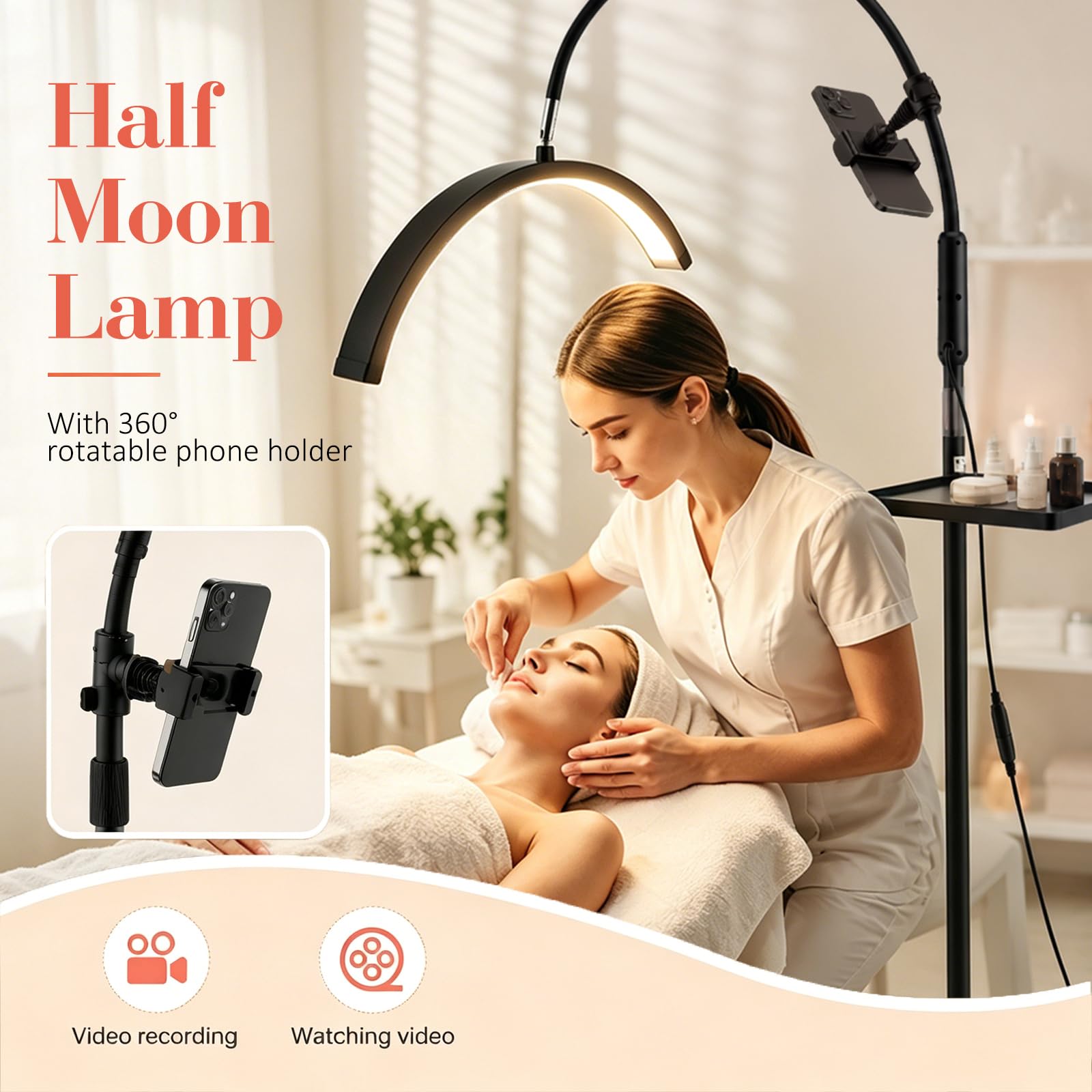 Lámpara LED de pestañas de media luna, giratoria 320° y 5 colores regulables, altura ajustable de 85 – 125 cm, CRI≥95, lámpara cosmética con control táctil para extensiones de pestañas