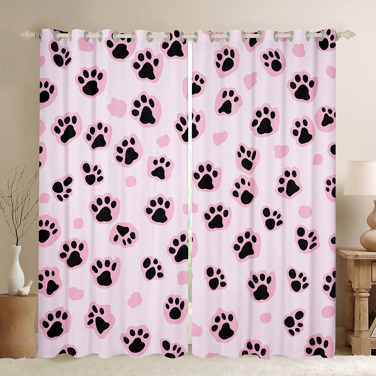 Homemissing Paw Print Window Drapes Treatments Pink Black Paw Curtains for Kids Boys Girls Pets Animal Window Drapes Cartoon Paw Window Treatments, W52*L90,2 Panels