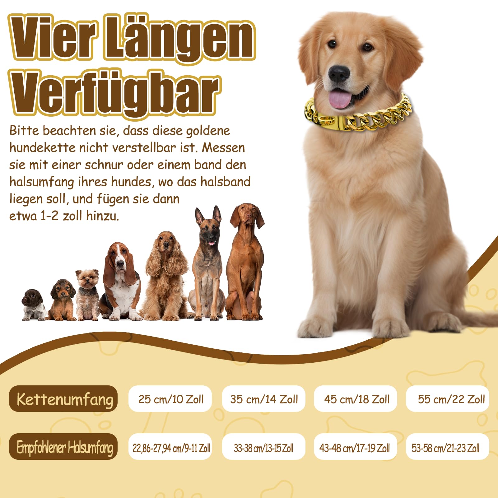 Collier en chaîne pour chien, Collier doré en chaîne métallique, 15 mm de largeur, Collier de chien cubain en acier inoxydable avec boucle pour petits, moyens et grands chiens (25 cm)