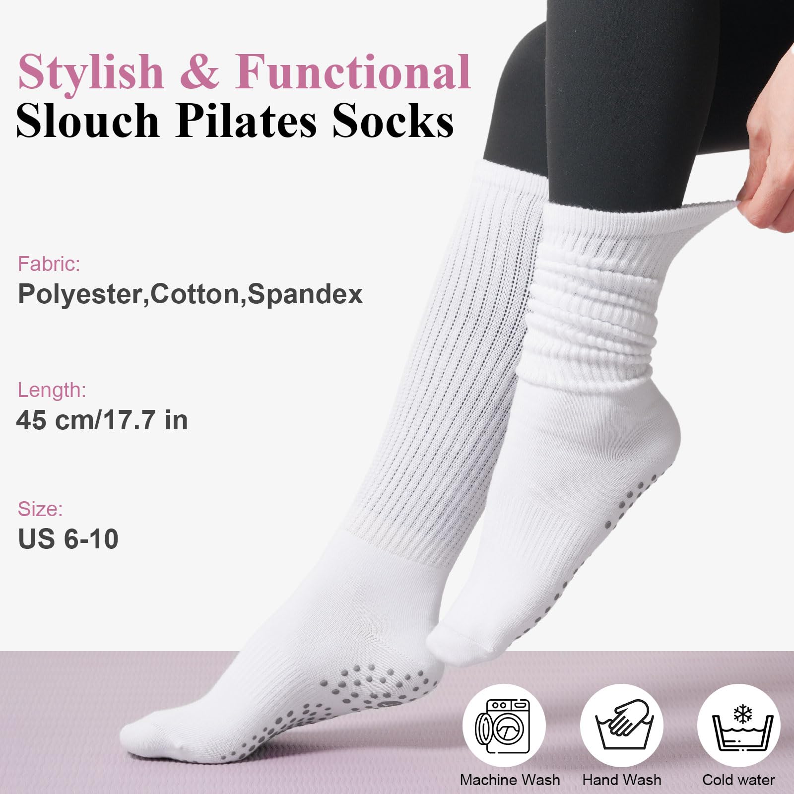Grip Pilates Socks for Women, Yoga Slouch Socks with Grip for Barre Workout Hospital Long Scrunch Slipper Socks: White+black+grey