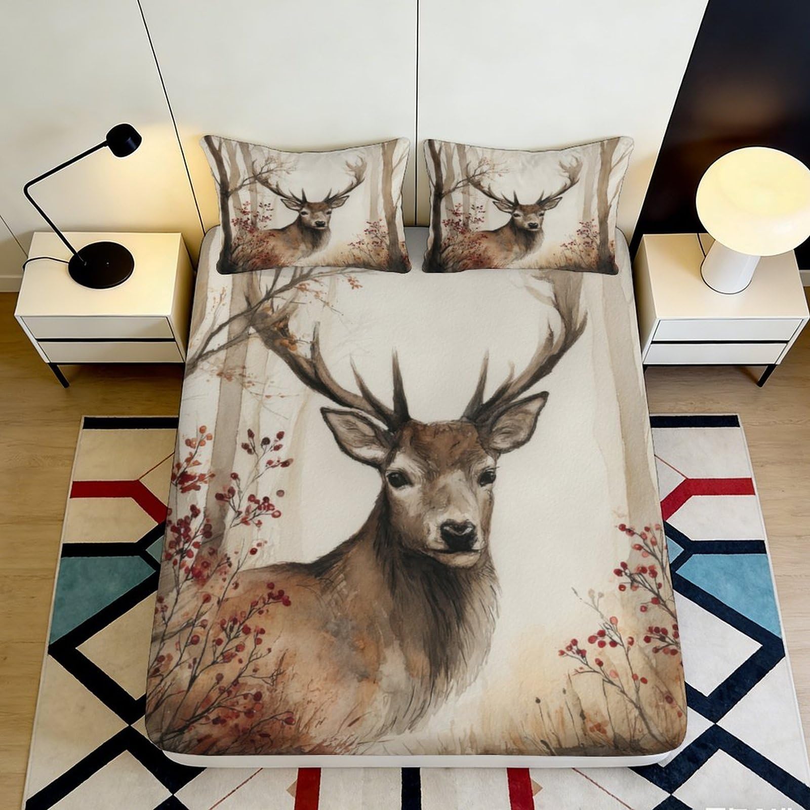 3D Printed Deer Pattern Fitted Sheet Microfiber Soft Breathable Forest Scene Bed Cover for Bedroom Dormitory Guest Room Mattress Protection 120x200x25cm