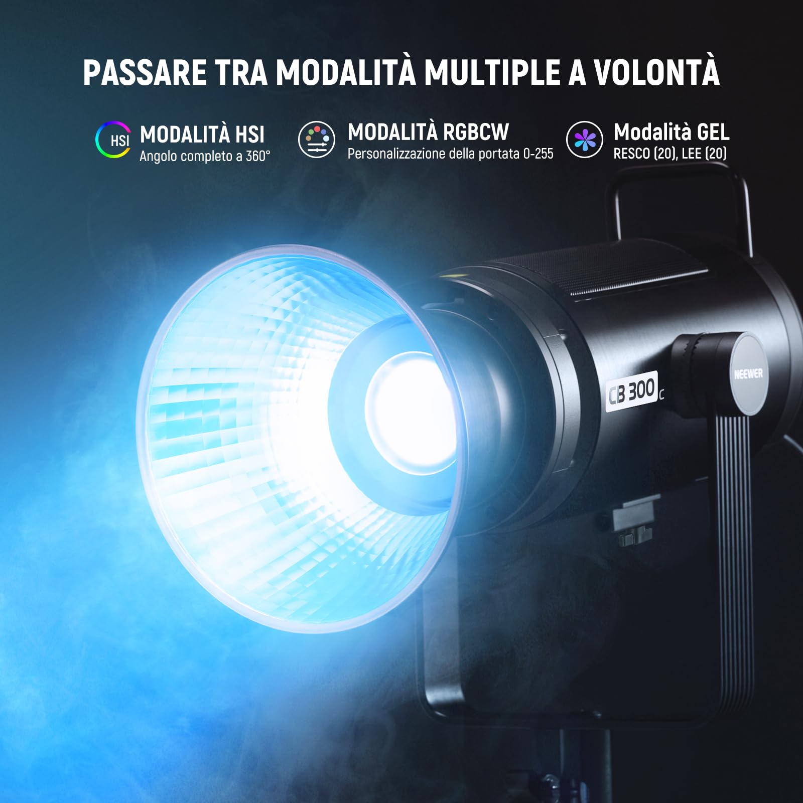 NEEWER CB 300C Luce Video LED RGB 300W+Riflettore, Controllo APP/2.4G, 17 Scene, 29600Lux/1m 2500-7500K CRI97+/TLCI97+, Spettro Completo, Illuminazione COB Continua Bowens Regolabile per Video Studio