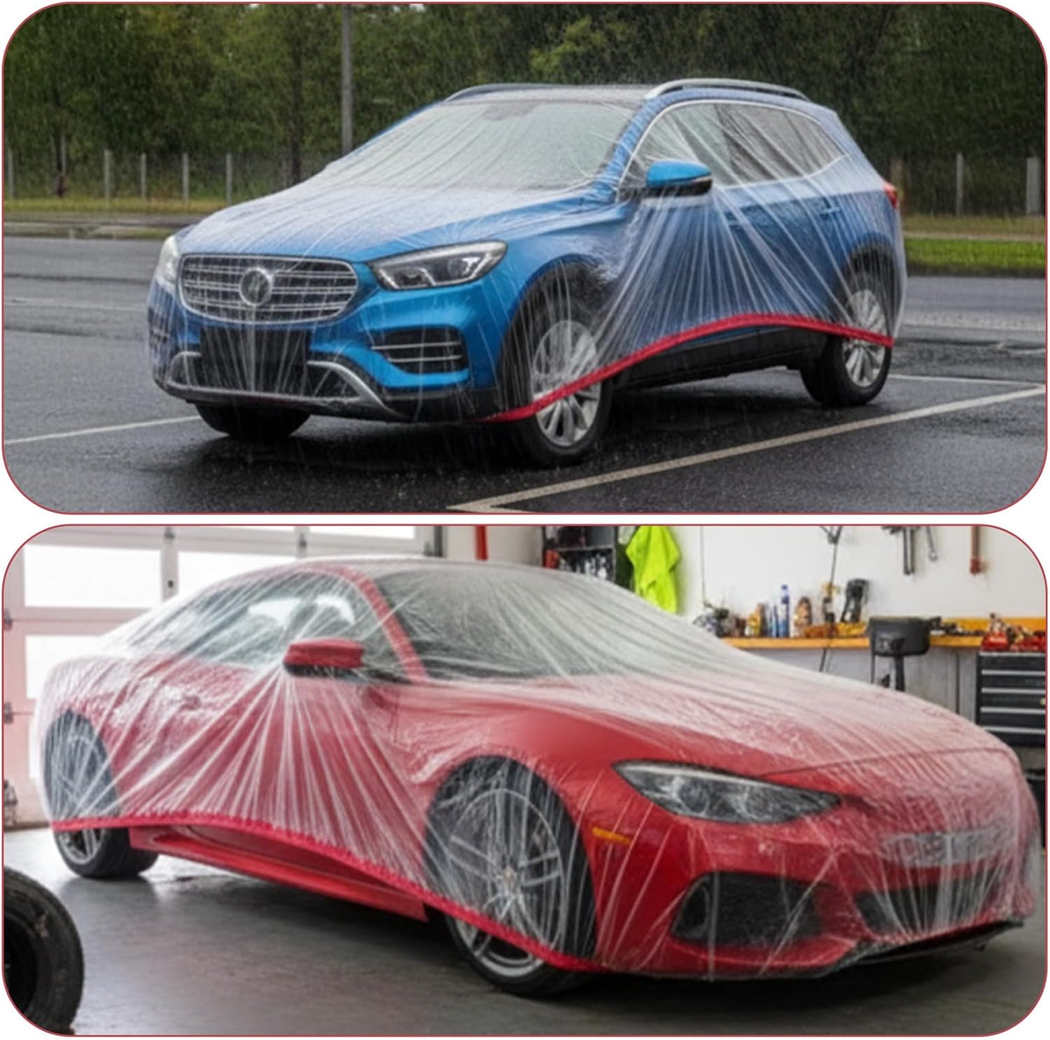 8 Pcs Universal Disposable Plastic Car Cover 11.8 x 22 Ft Clear Waterproof Dustproof Car Full Exterior Covers with Elastic Band for Automobiles Sedan Outdoor Snow Rain Weather