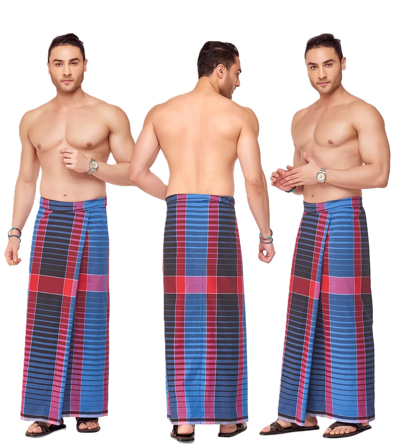 nandu Brand Men's 2.20Mtr Cotton Colour Stitched Lungi - Pack of 2# Ready to Wear # 2.20Mtr # Free Size # Design and colour may vary each pack # Attractive Colours # Premium Wear #-picture-20