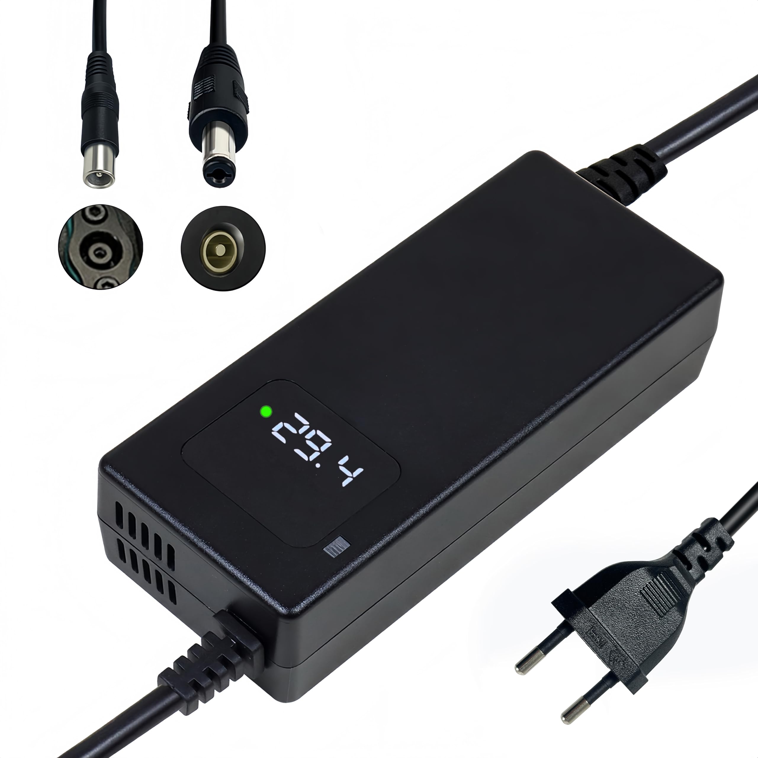 Cargador de batería de 29,4 V, 4 A, para batería de litio de 24 V, con pantalla LED y múltiples funciones de protección y reparación, equipado con conectores RCA de 8 mm, CC 5,5 x 2,1 mm