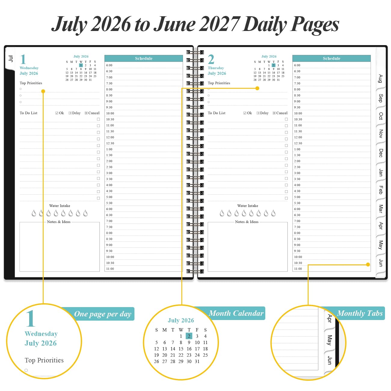 Agenda giornaliera 2026 con pagina intera al giorno - Agenda giornaliera e mensile 2026 da gennaio 2026 a dicembre 2026, planner giornaliero 2026 con 12 mesi di tabelle, 21,6 x 27,9 cm, nero