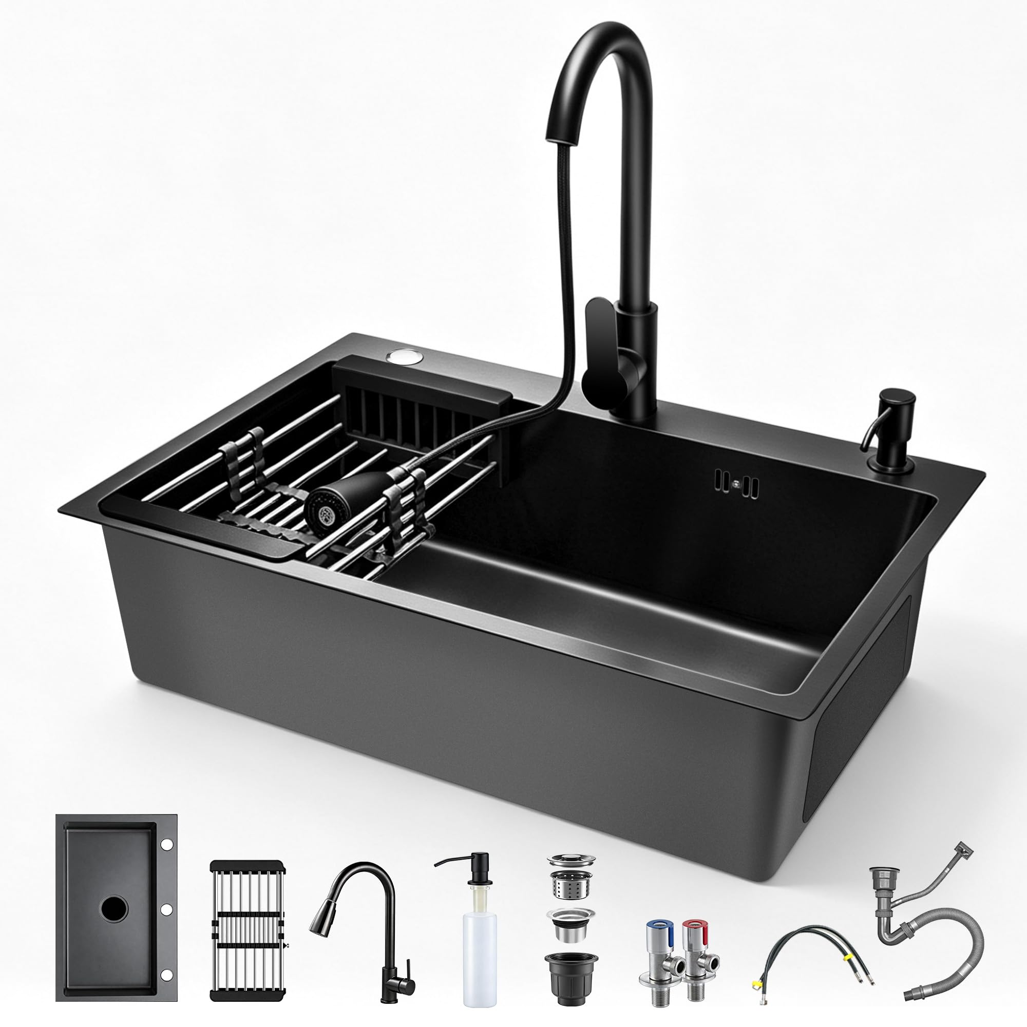 Yc Kitchen Évier Cuisine Noir en Acier Inoxydable -1 Bac 68 X 45 cm | Lavabo Cuisine Encastrable Avec Robinet et Egouttoir — Kit de Vidange