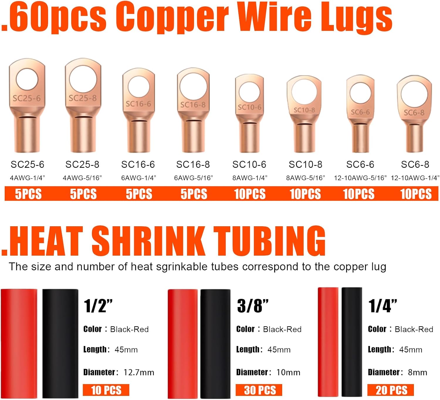 Battery Cable Crimper Tool For AWG 10-1/0 Gauge Electrical Lug with 60PCS Copper Wire Lugs, Battery Terminal Connectors with Cable Cutter, Wire Crimping Tool For Heavy Duty Copper Wire Lugs