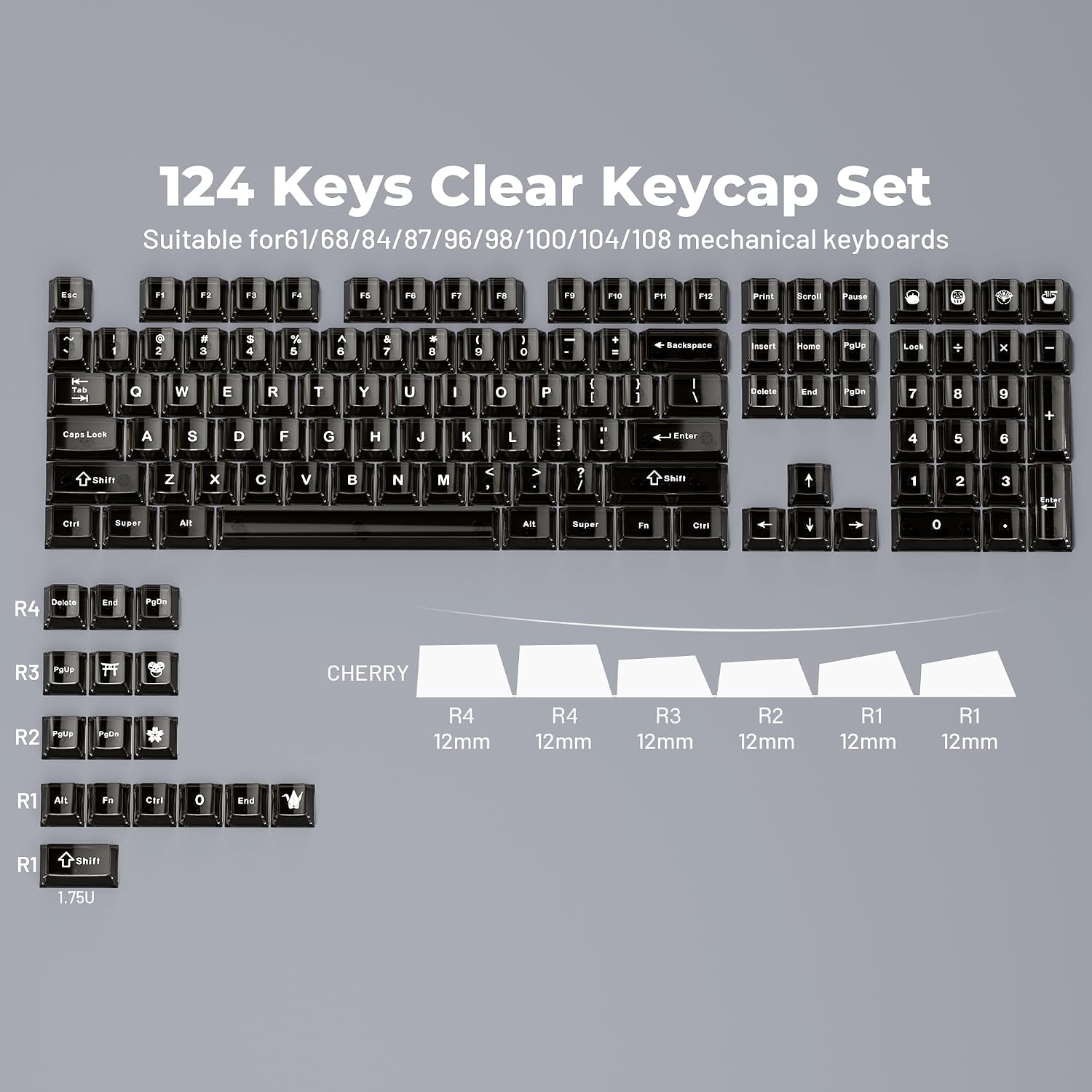 HITIME XVX Clear keycaps, Black Transparent Keycaps 60 65 75 100 Percent, Crystal Ceramic Custom Key Cap Set 124 Keys, Cherry Profile, Shine Through, Cute Style for Mechanical Keyboards