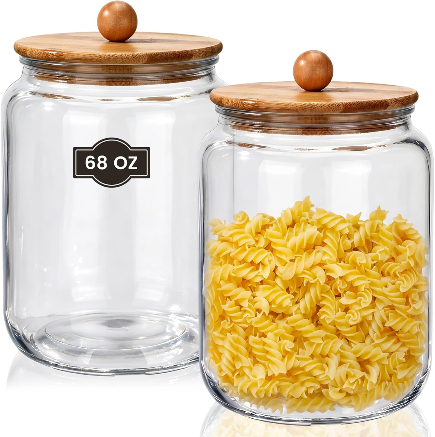 Suclain 2 Pack 68 oz Glass Storage Jars with Airtight Knob Bamboo Lid Thick Food Canister with Seal Clear Food Storage Container for Kitchen Flour Sugar Cookies Coffee Bean Pantry Organization