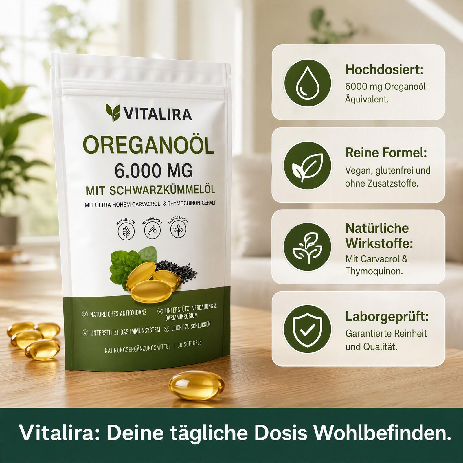 Vitalira Oregano-öl Weichkapseln 6000 mg – 60 Softgels