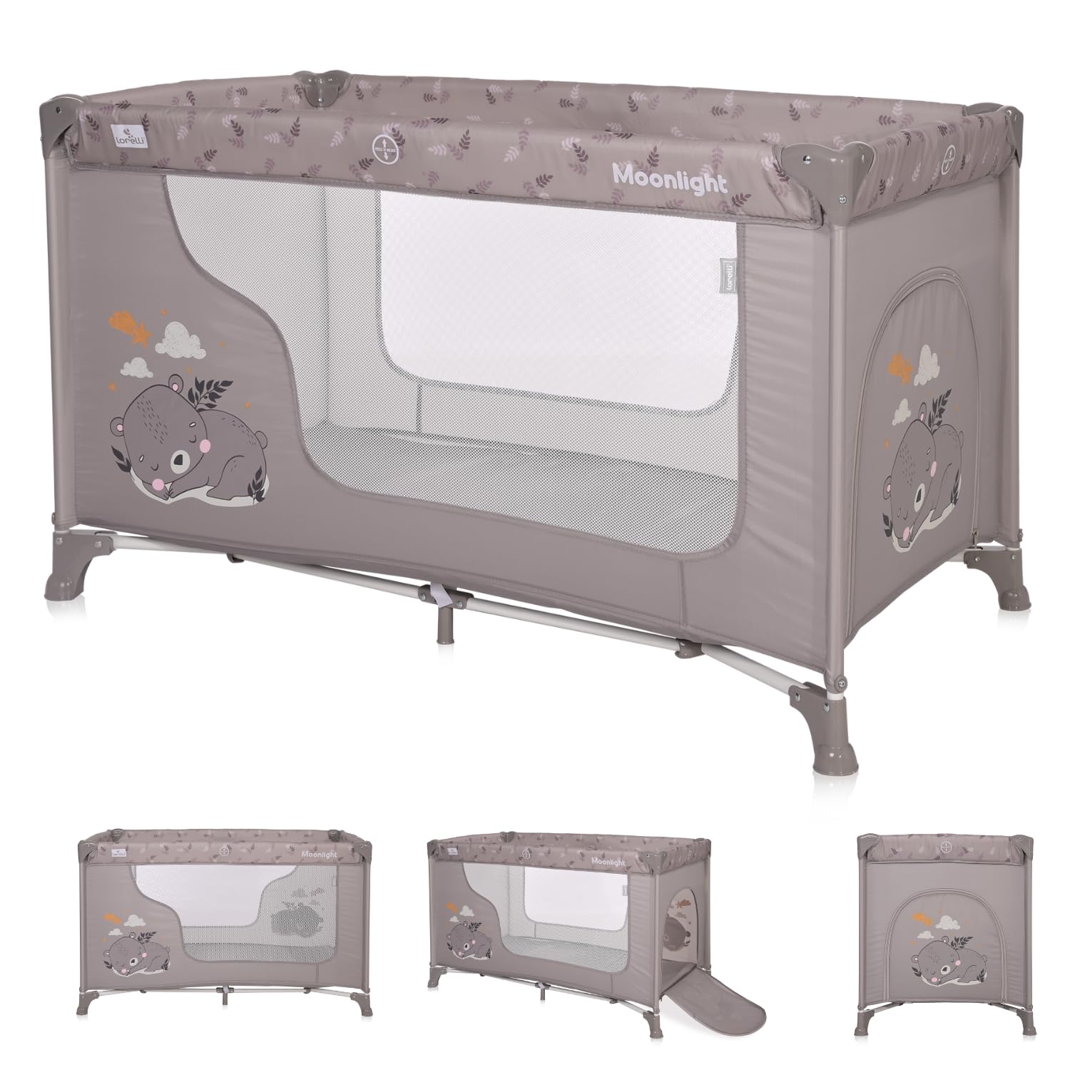 Lorelli Babybett und Laufstall Moonlight 2 in 1 mit Seiteneingang, Kinderbett ab Geburt bis 15 kg, Baby Reisebett, faltbar inkl. Transporttasche, braun