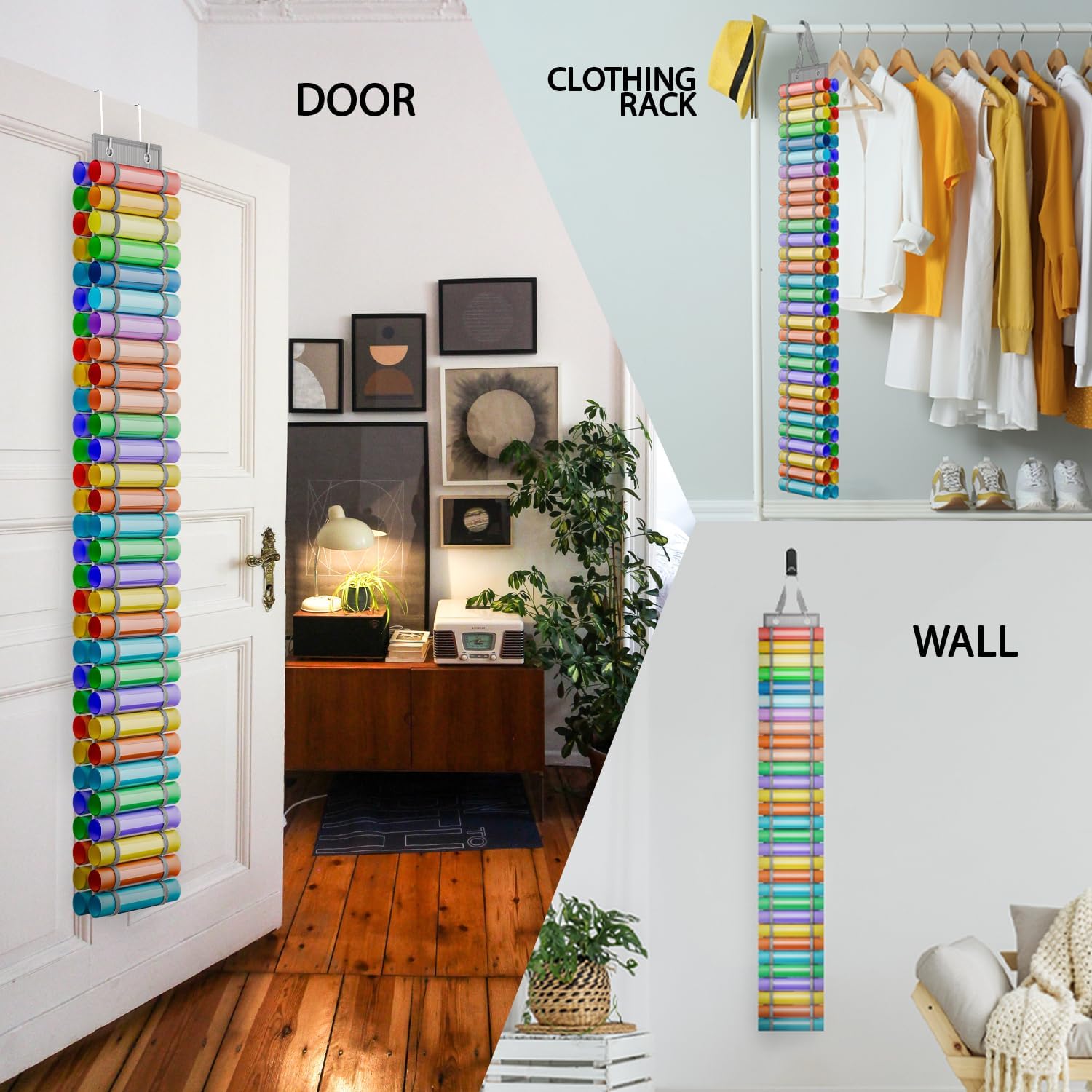 Resonax 60-Compartment Vinyl Roll Holder with 14 Mesh Pockets, 2 Hooks & Straps – 66" x 8.6" Hanging Vinyl Storage Organizer for Craft Rooms – Grey