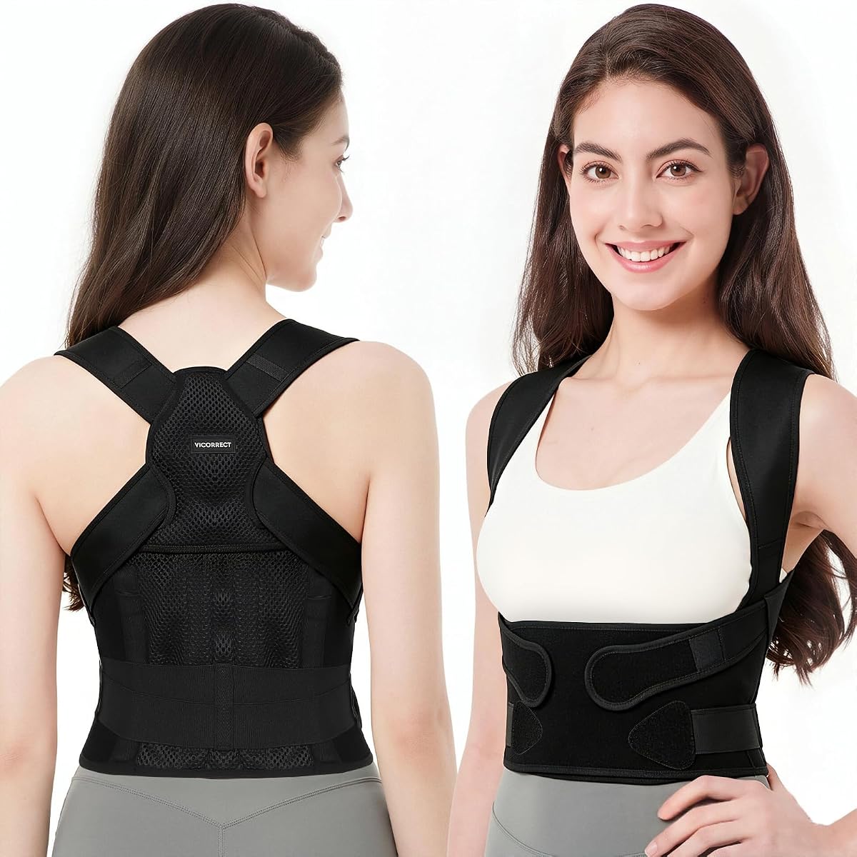 Corrector de postura para mujeres y hombres: soporte de espalda ajustable para soporte superior de la espalda y alivio del dolor de cuello en los hombros, diseño ligero y transpirable (negro mediano)
