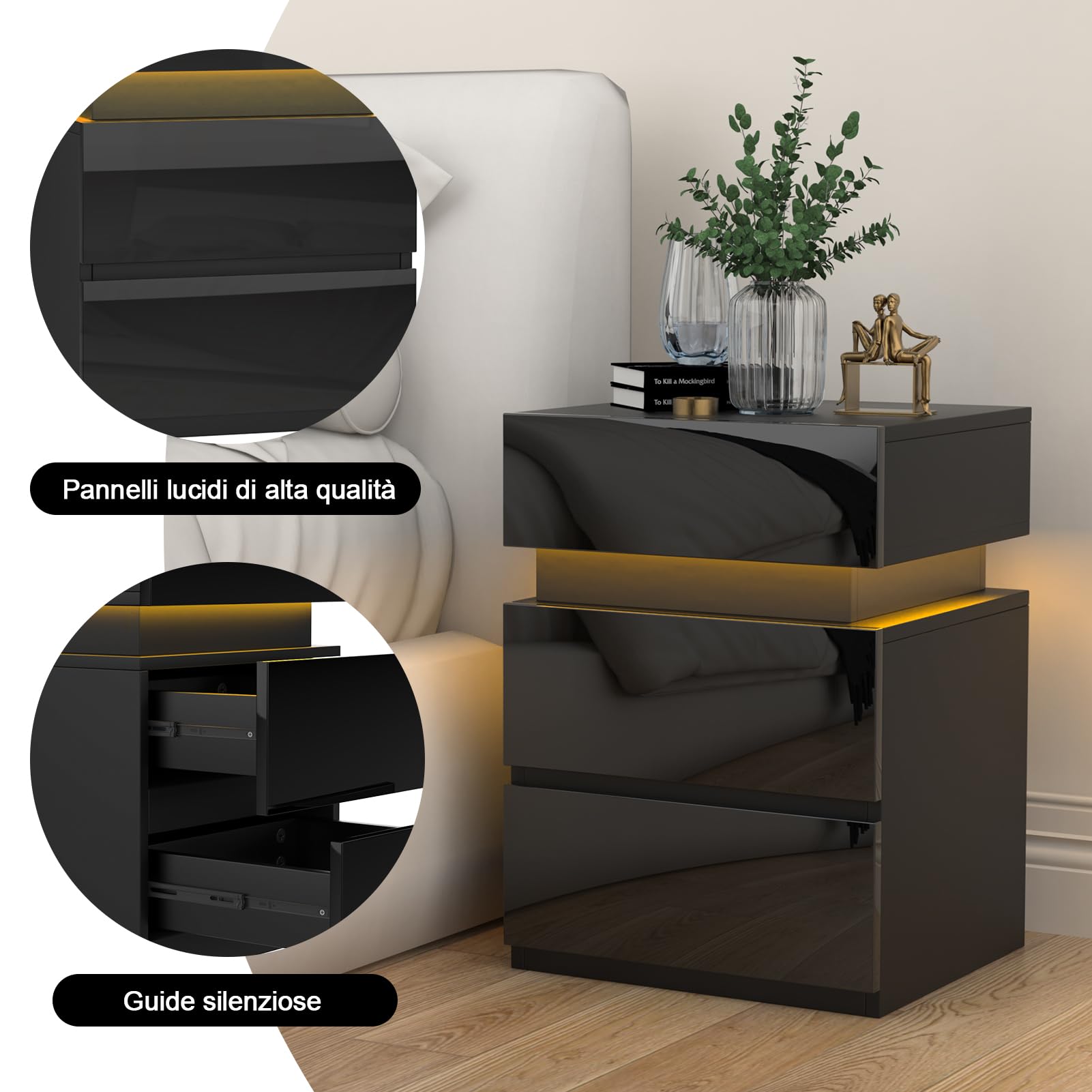 Lvechforhm Comodino con Striscia con illuminazione LED, Comodino Stretto con 3 Cassetti, Tavolino in Stile Moderni, Comodini Camera da Letto 40x35x55cm Nero, per Soggiorno Classico Organizzatore