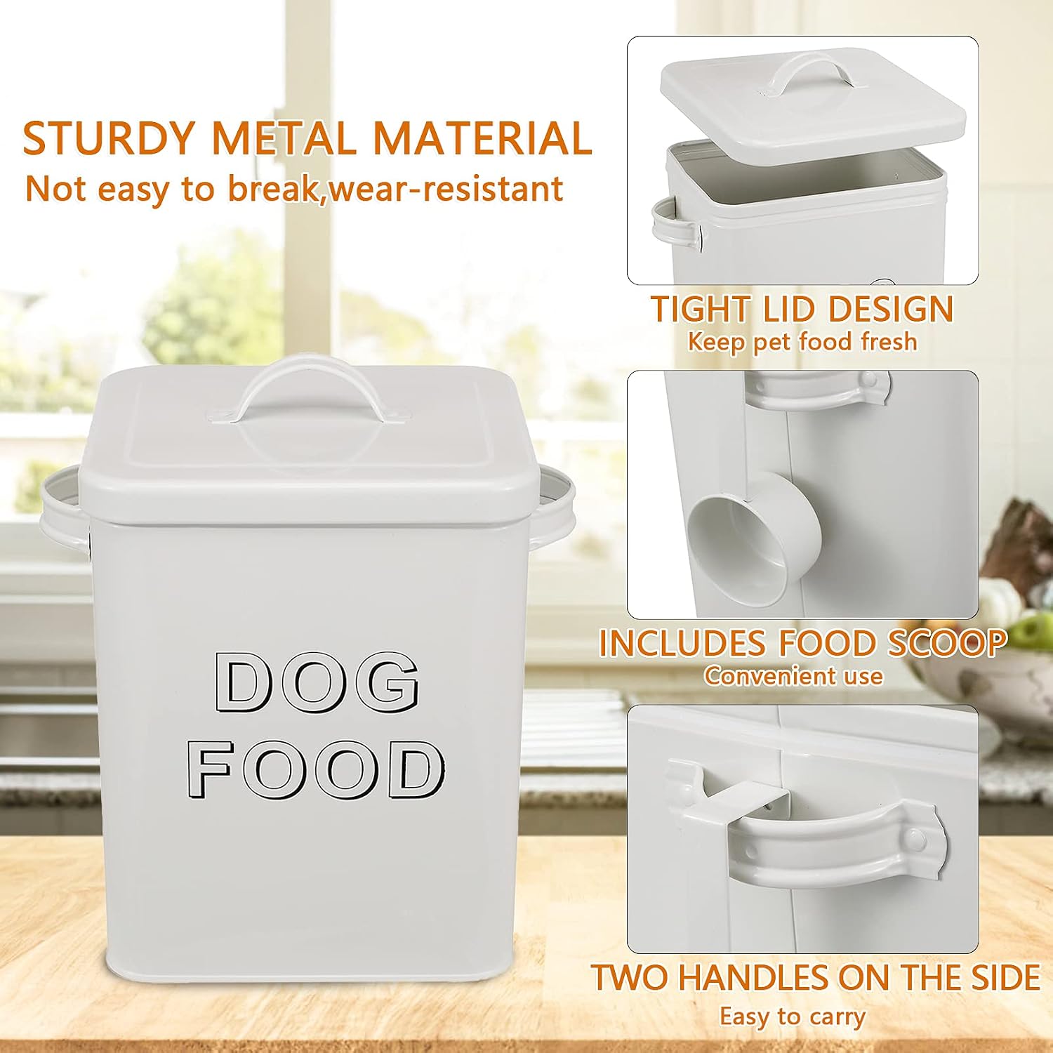 Pethiy airtight Dog Treat container bin and DOG Food Storage Tin with Lid With Handle |4-5 lbs Capacity | Serving Scoop Included -White