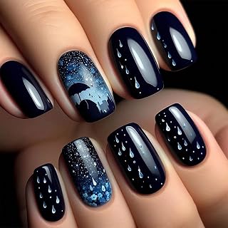 Rain Press on Nails Umbrella Acrylic Medium Square Fake Nail Rainy Night Gel Glue on Nail 24Pcs Glossy Blue Gradient False Nails Flower Stick on Fingernails for Coquette Women Girls