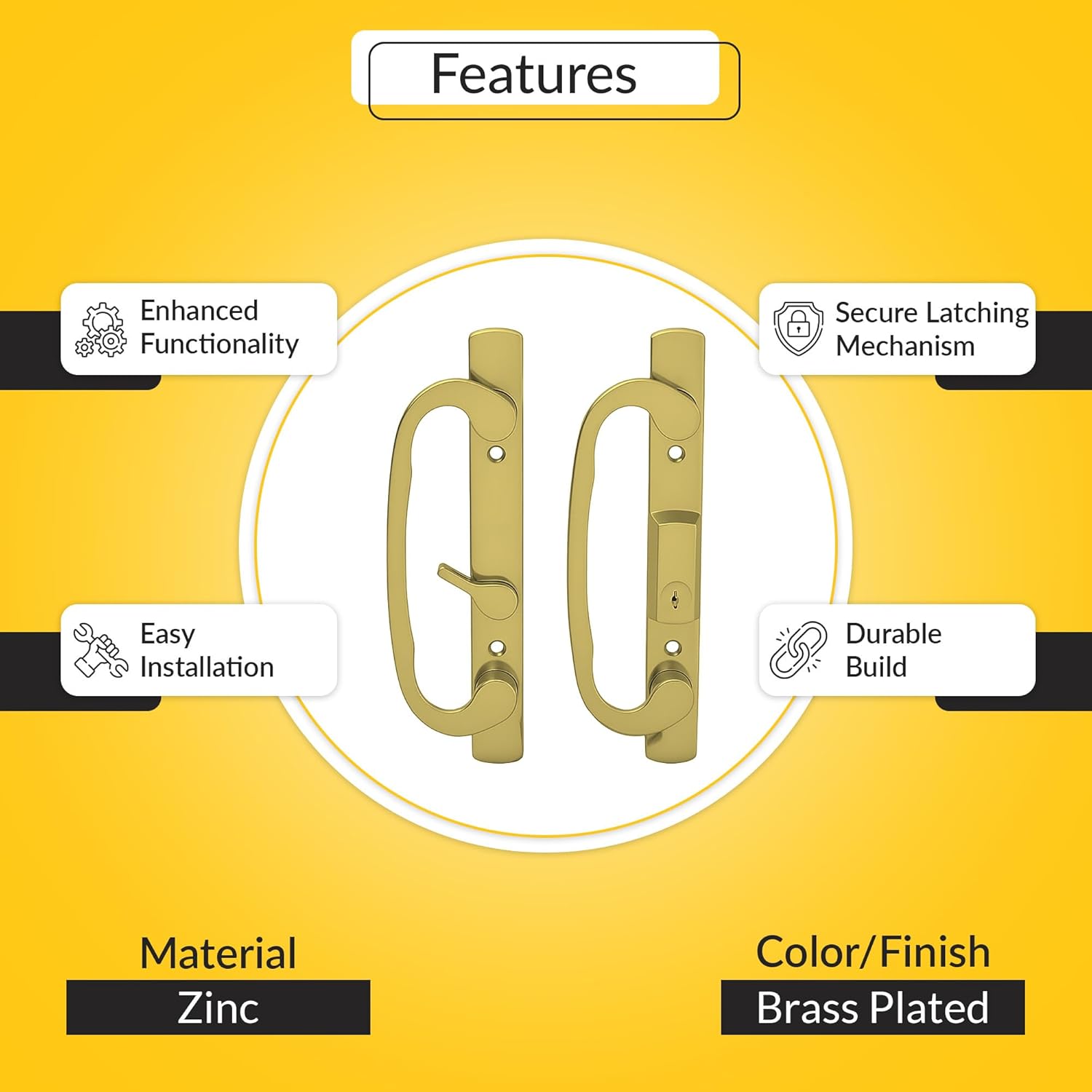 Brixwell Patio Door Handle Keyed Offset Latch, Zinc Material, Brass Plated Finish, 3-15/16" Center-to-Center, 8-1/2" Height, 1" Width, Residential and Commercial Use