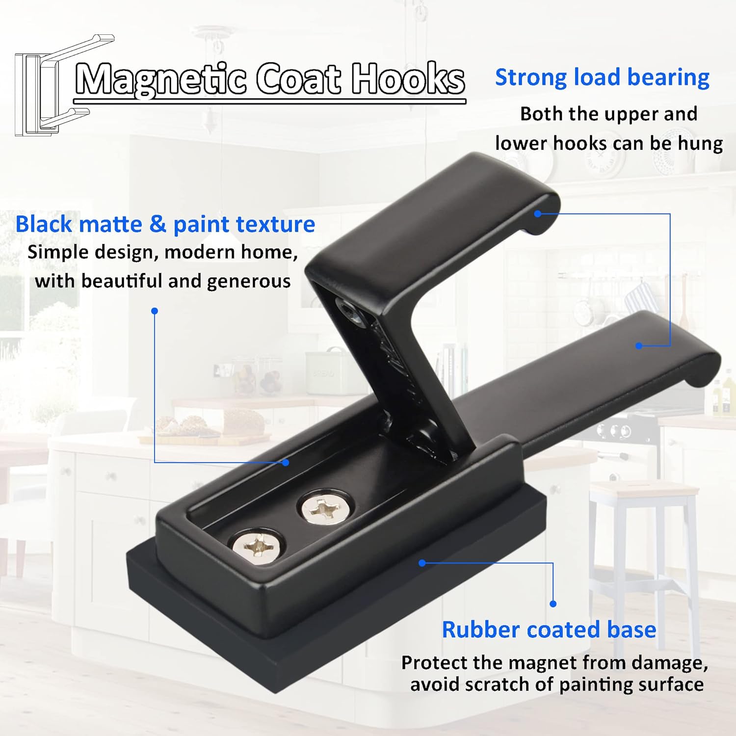 ULIBERMAGNET Magnetic Hooks,Heavy Duty Coat Magnetic Rack,Strong Rubber Magnetic Hanger for Refrigerator,Metal Cabinet,Door,Hanging Coat, Towel, Bag, Backpack(Matte Black/4 Hooks)
