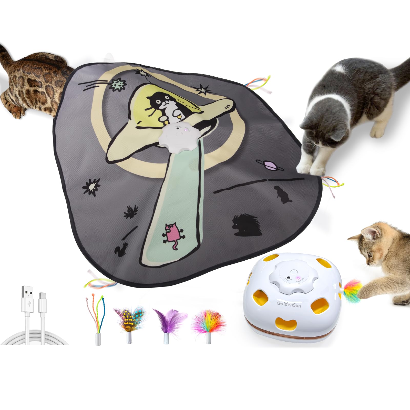 GoldenSun Katzenspielzeug, Aufladbares, Interaktives 4-in-1 Katzen Zubehör im Innenbereich, Selbstspiel, Kitten Spielzeug, Schlag auf einen Maulwurf, Übungskatzenspielzeug mit 3 DIY-Ersatzfedern