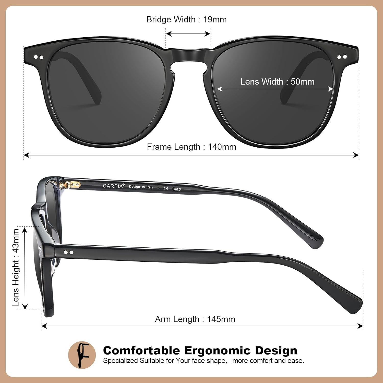 CARFIA Retro Acetate Polarized Sunglasses for Men UV400 Protection Hand-Crafted Frame Sun Glasses CA5285L - Image 5