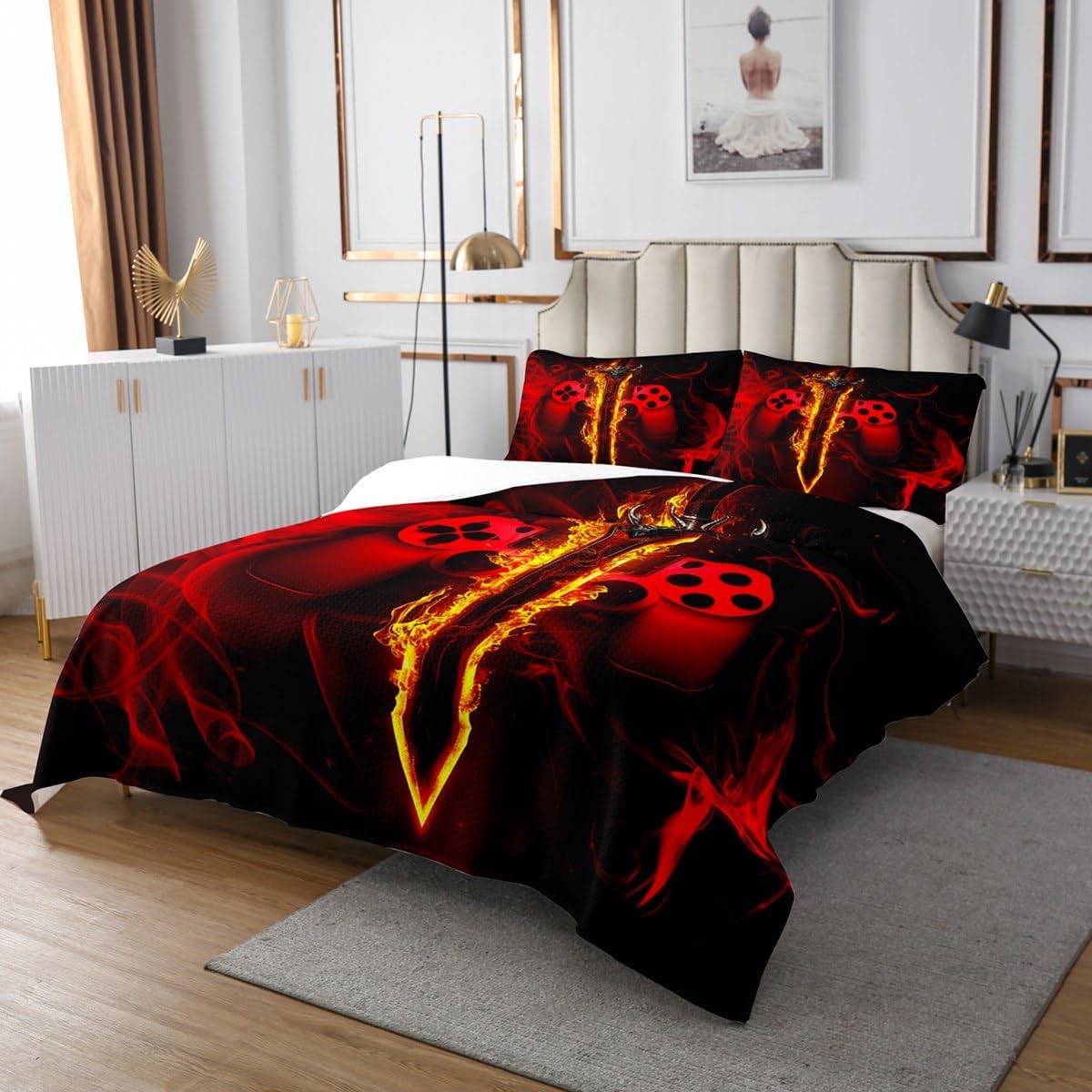 Gaming Gamepad Gamers Bedspread Queen Size,Video Games Geometric Smokes Coverlet Set,Boys Men Room Decor,Flame Modern Games Quilted Coverlet,Red Black Fashion Bedding Quilt,2 Pillowcases image 2