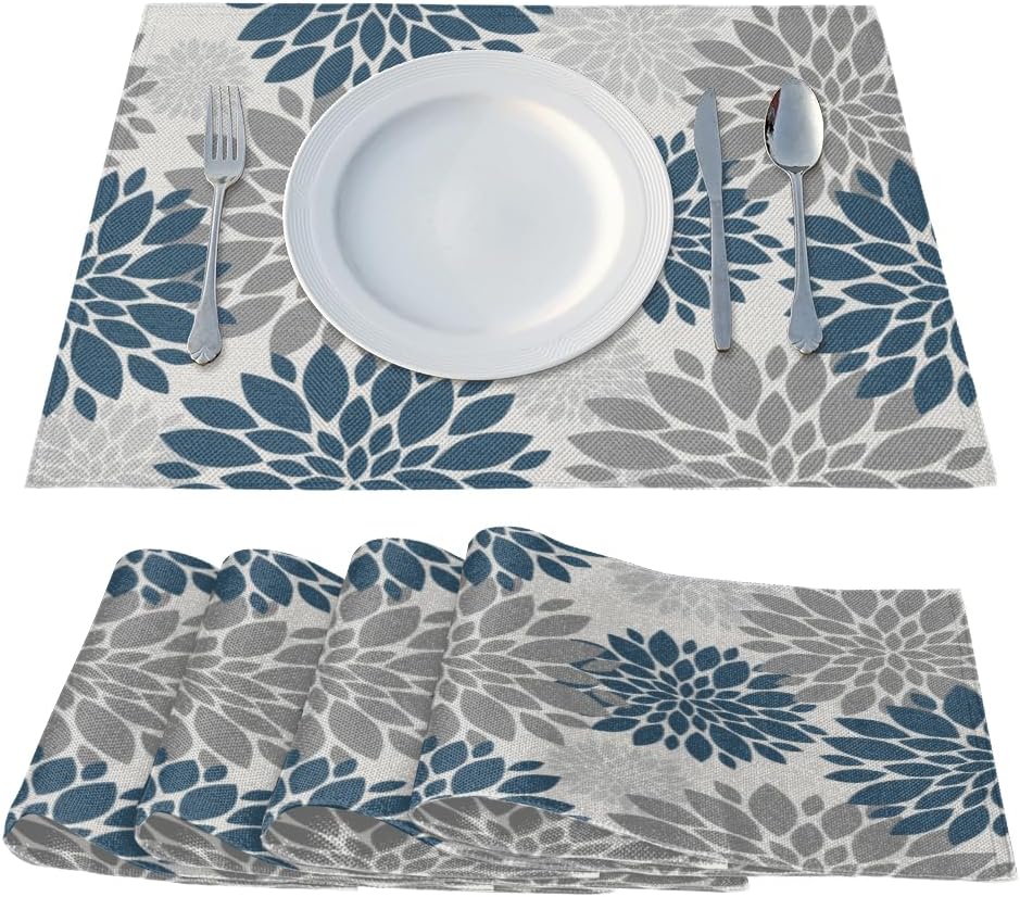 Placemats Set of 6 - Blue Gray Floral Place Mats for Dining Table - Heat Resistant Table Mats Washable Placemat Kitchen Home Party Indoor Outdoor Decor, 12 x 18 Inch, Flower
