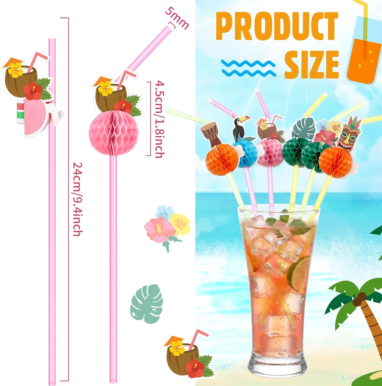 Weewooday 200 Pcs Hawaiian Luau Straws for Cocktail Hawaiian Tropical Beach Umbrella Straws Bulk Disposable Cocktail Bendable Flamingo Drinking Supplies for Summer Luau Pool Party Decorations